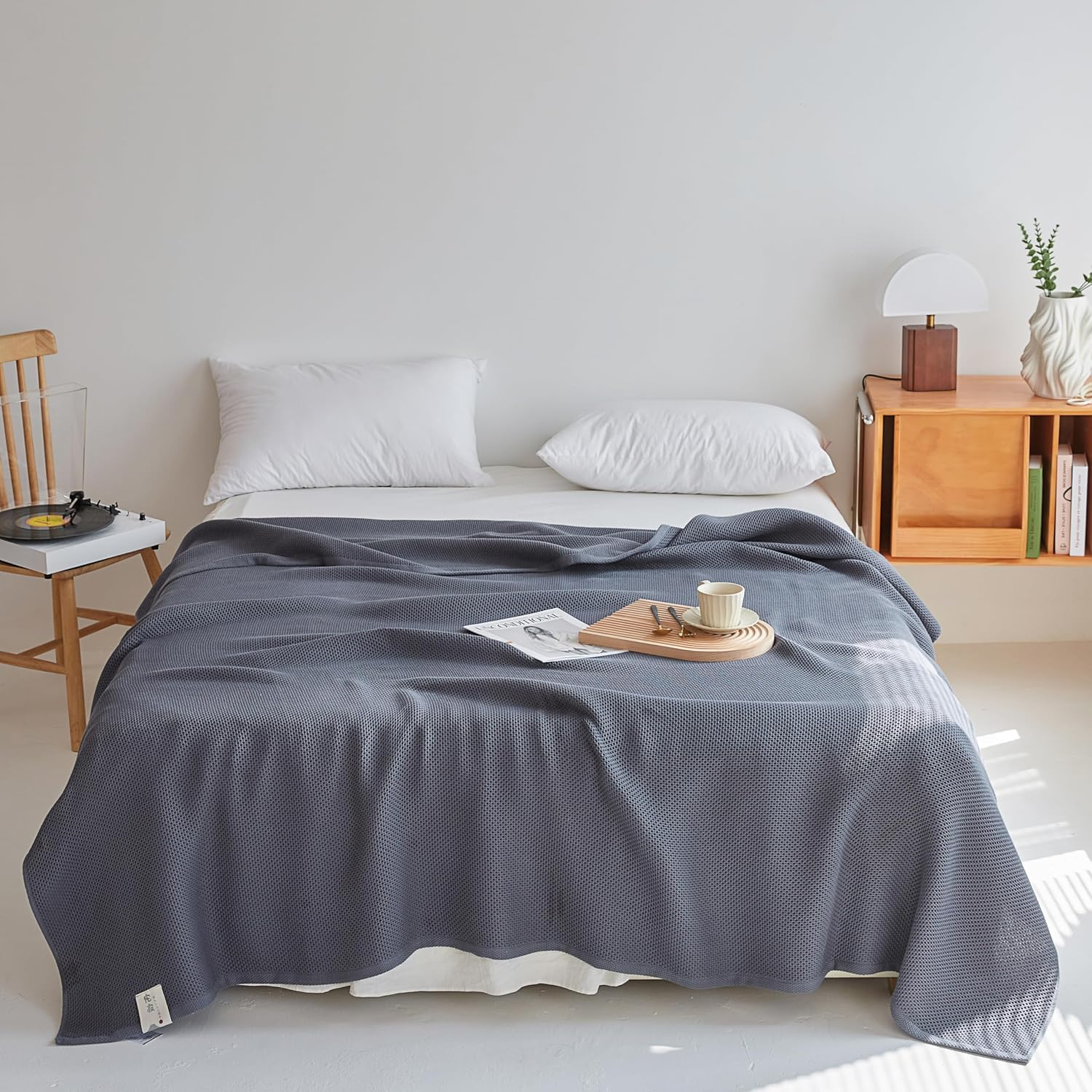 100% Cotton Thermal Blanket, Breathable Bed Blanket, Soft Waffle Blanket, All Season Cotton Blanket (Grey, 150X200Cm) image number 2