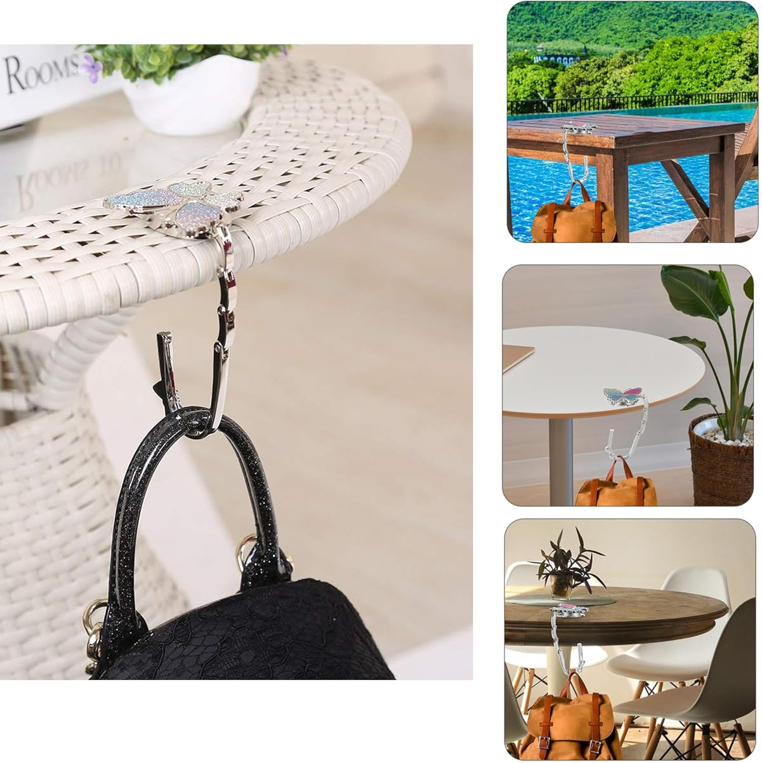 Under Table Top Cute Purse Bag Backpack Travel Hook Women'S Handbag Desk Instant Hanger Foldable Mobile Pocketbook Holder Magnet Portable Decorative Bling Clip Light Restaurant Bar Office Gadget Gift - 1 Silver Butterfly Shaped Hook + 2 Stickers image number 3
