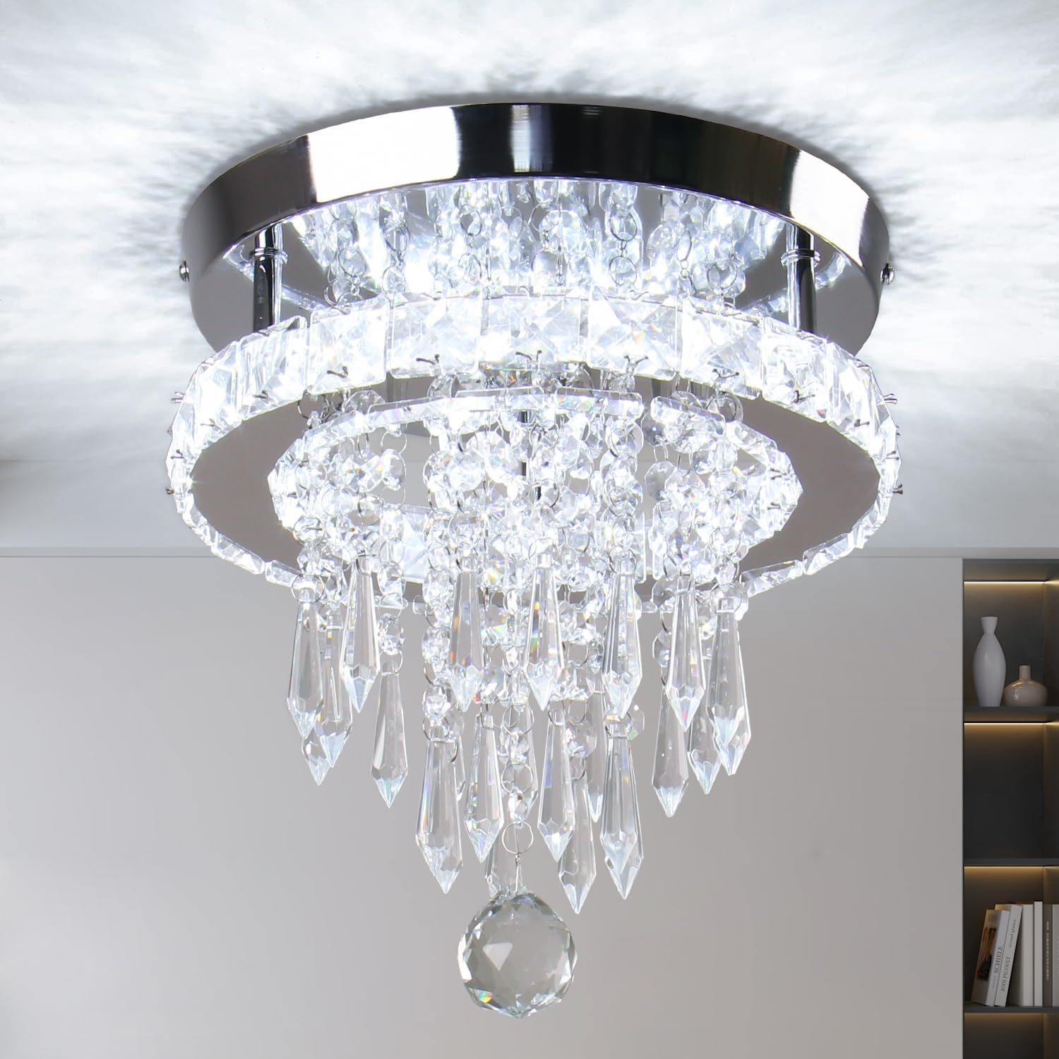 FRIXCHUR Modern LED Crystal Ceiling Light, round Crystal Chrome Ceiling Light for Bedroom, Living Room, Hallway, Kitchen (White)