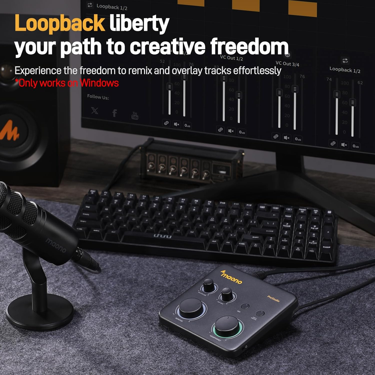 MAONO USB Audio Interface for PC: Interface with XLR Input 24-Bit/192Khz Routing Software LOOPBACK ASIO Driver for Recording Music, Home-Studio, Guitar, Podcast, Streaming, DAW(PS22 Lite Black) image number 2