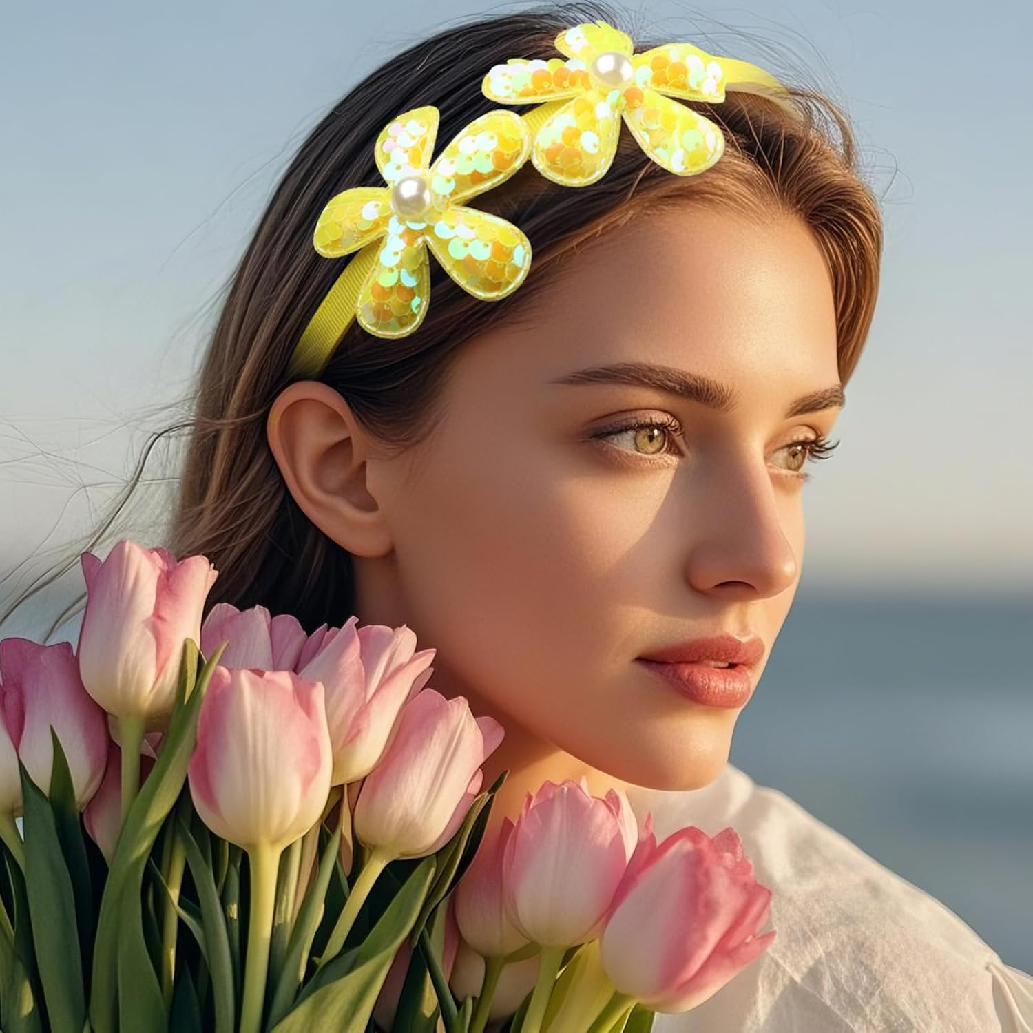 Yellow Flower Headband,Spring Summer Hairband for Women,Yellow Glitter Floral Hair Hoop,Non-Slip Headpiece Hair Accessories for Birthday (Yellow, One Size) image number 4