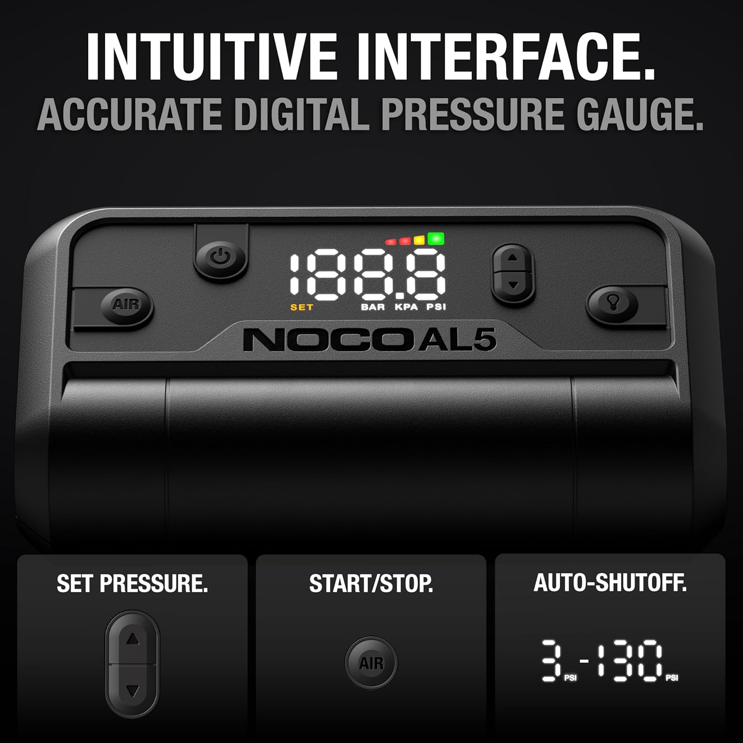 NOCO Air AL5: Ultrafast 5A Cordless Tyre Inflator &ndash; Portable Battery-Powered Air Compressor Pump &ndash; 17 SLPM Airflow Inflates 0&ndash;40 PSI in 7 Minutes &ndash; Digital Gauge + Auto-Shutoff image number 3