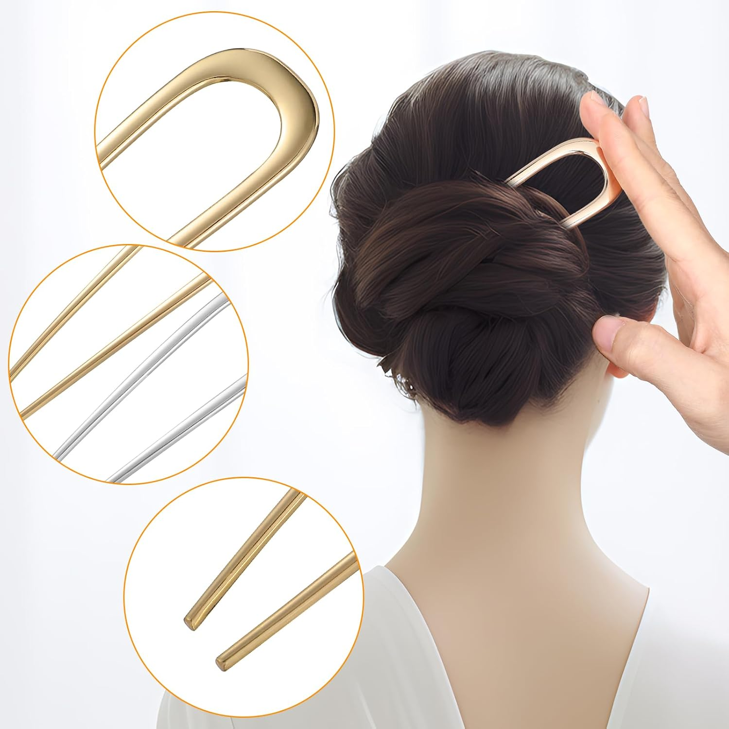 AOZUO 3 Pcs French Hair Pin, 5.5 Inch U-Shaped Large Hair Pins Metal Hair Stick 2 Prong Sticks Vintage French Twist Hair Fork Chignons Buns for Women Wedding Updo Hairstyles Top Knots Thick Hair image number 3