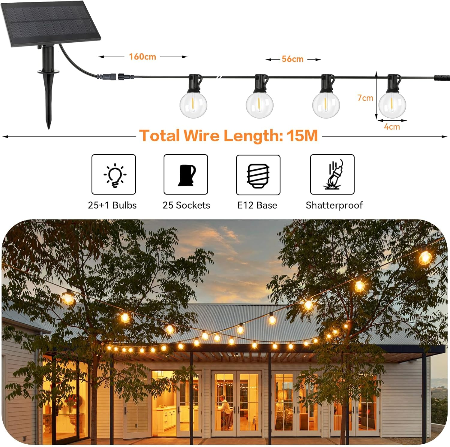 Roccar Solar String Lights Outdoor,15M Solar Festoon Lights Outdoor with 25+1 Shatterproof Waterproof Bulbs,Outdoor Solar Fairy Lights for Patio Porch Garden Backyard Pergola Bistro image number 1