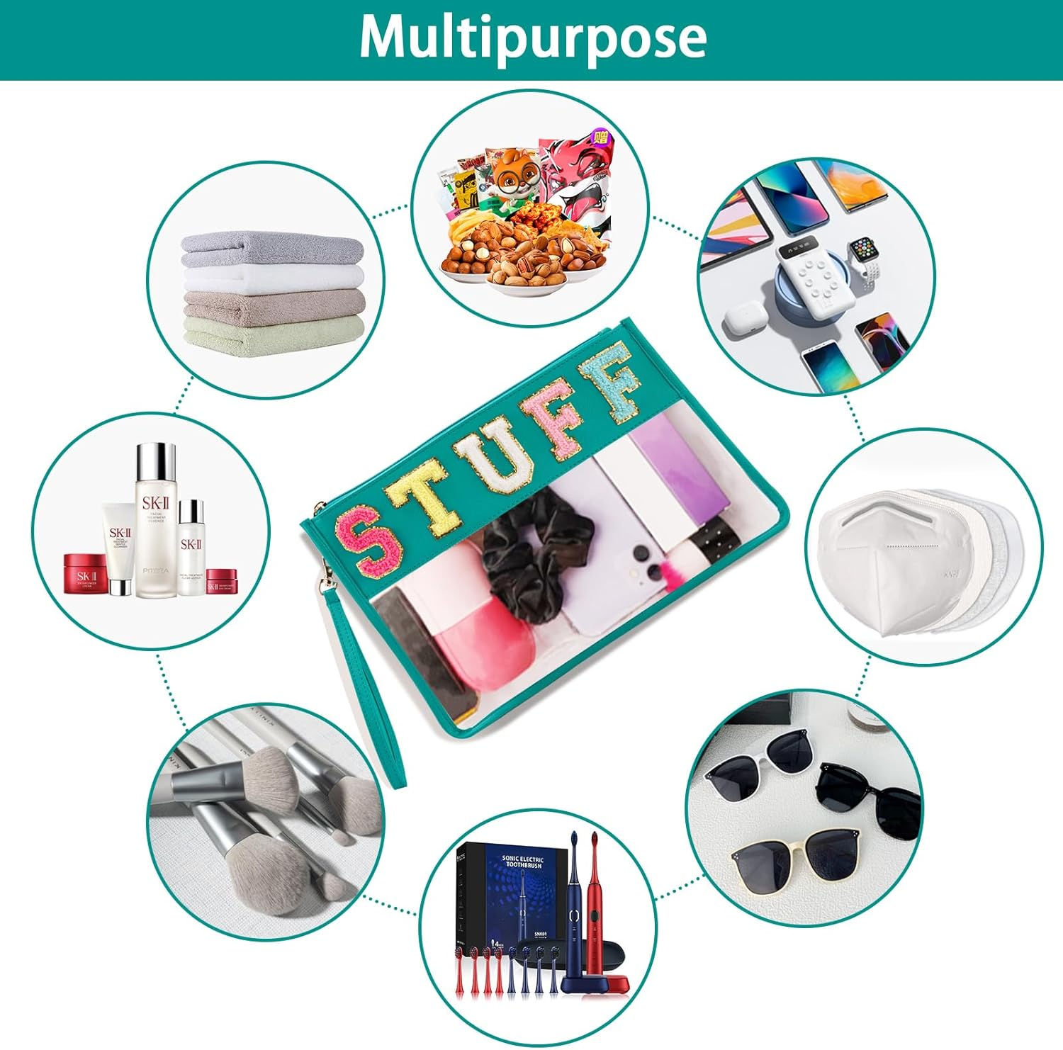 Chenille Letter Clear Zipper Pouch, Pvc&Nylon Clear Cosmetic Bags, Clear Purse, Travel Makeup Bag for Women and Children, Clear Pouches for Travel, Gym, Beach, Green, Glitter Chenille Letters image number 2