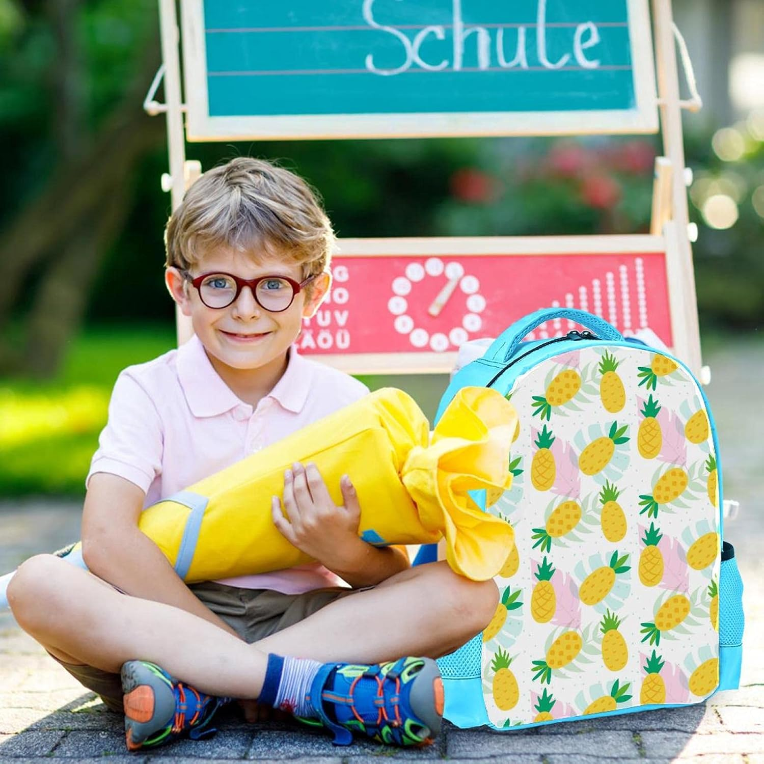 Blue Backpack Boy Bookbags Rucksack Men Travel Handbag Daypack Summer Pineapple Pink Leaves image number 3