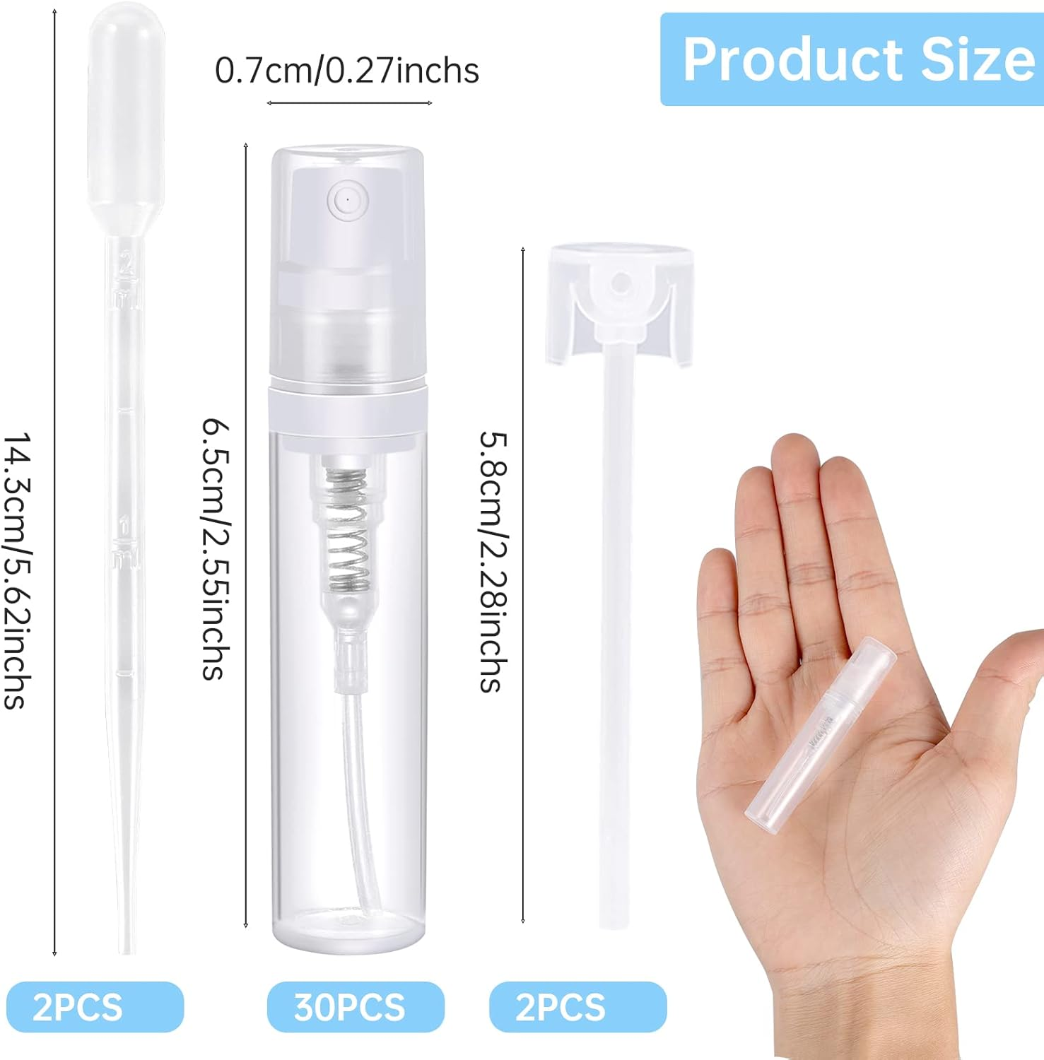 PEAKTOP 30 Sample Spray Bottles 3ML, Refillable Clear Perfume Bottle, Transparent Mini Spray Bottle, Portable Travel Perfume Bottles with Atomizer Pump and Dropper Pipette, for Liquid Makeup Tool image number 2