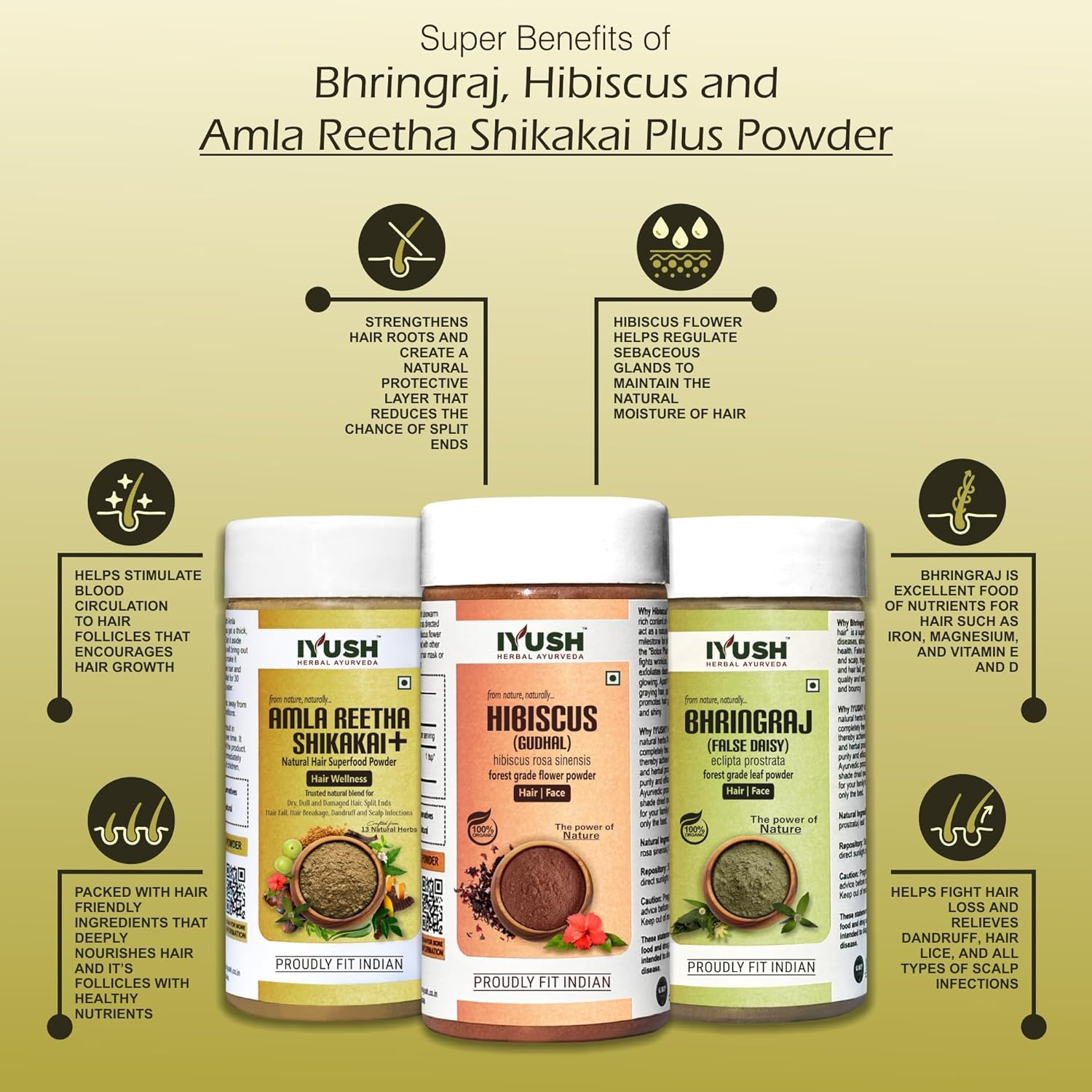 IYUSH Herbal Ayurveda Amla Shikakai Reetha Powder for Hair with 13 Herbs plus Bhringraj Powder and Hibiscus Powder for Hair Growth &ndash; 300Gm | Herbal Hair Wash Powder | Hair Volume Powder | 100Gm Each image number 3