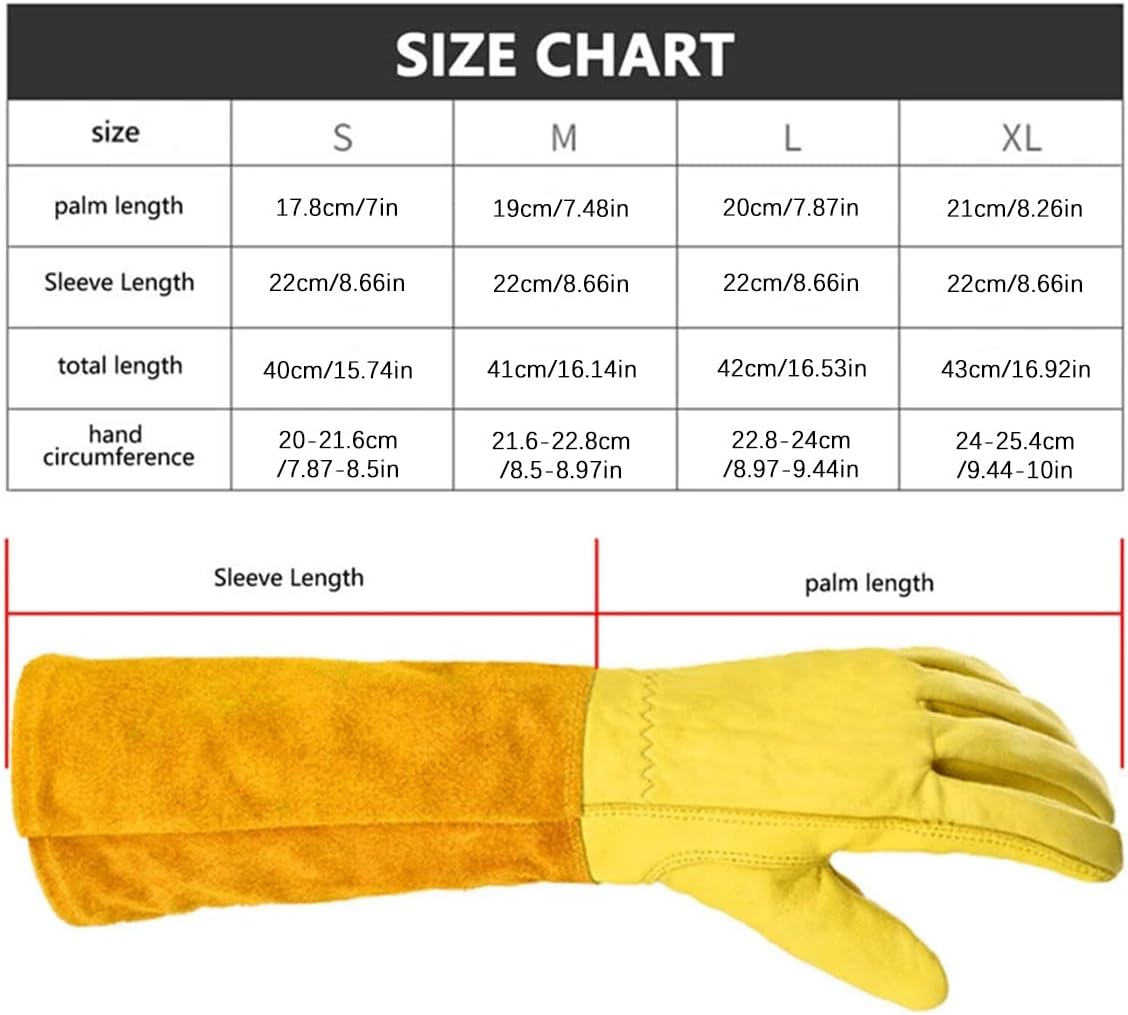 AIMALL Long Cowhide Gardening Gloves with Extended Cuffs, Heat Resistant Anti-Puncture Non-Slip Gloves for Pruning, Flower Arranging, Cattle Work, Size S&ndash;XL, Yellow image number 6
