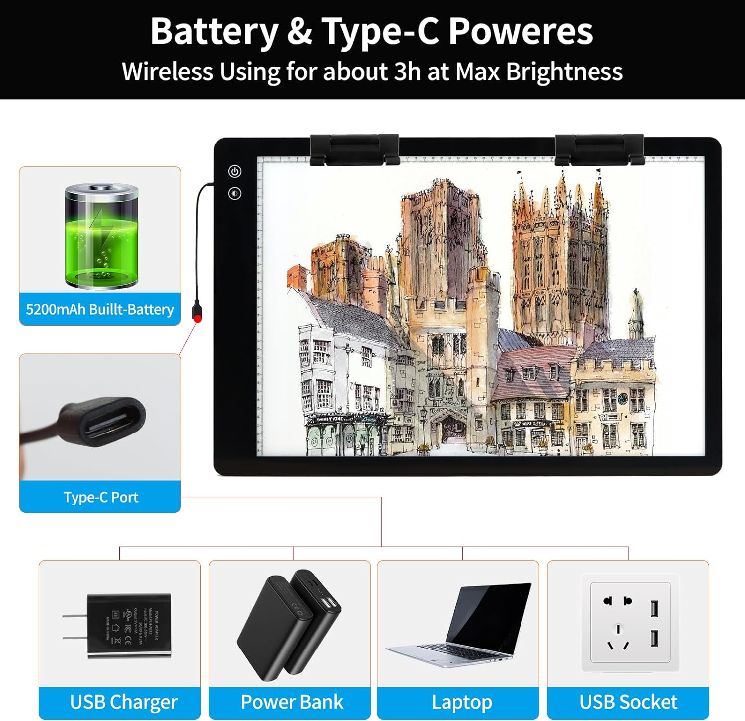 Upgraded Rechargeable A2 Light Pad, TOHETO 5200Mah Battery Powered Large Tracing Light Box, 6 Levels & Stepless / 3 Colors Super Bright Light Board for Diamond Painting, Tattoo Drawing, Sketching image number 2