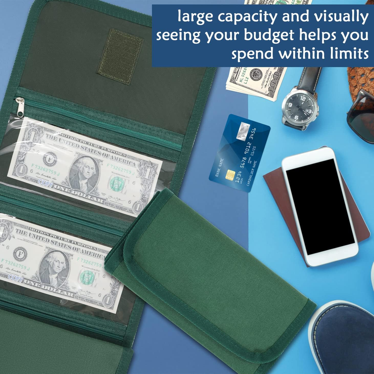 Money Wallet, Money Organizer for Cash with 6 Zippered Pocket Multipack Money Pouch, Cash Bill Organizer, Envelope Wallet Money Bag Small Travel Money Holder for Budgeting, Receipt and Tips (Green) image number 1