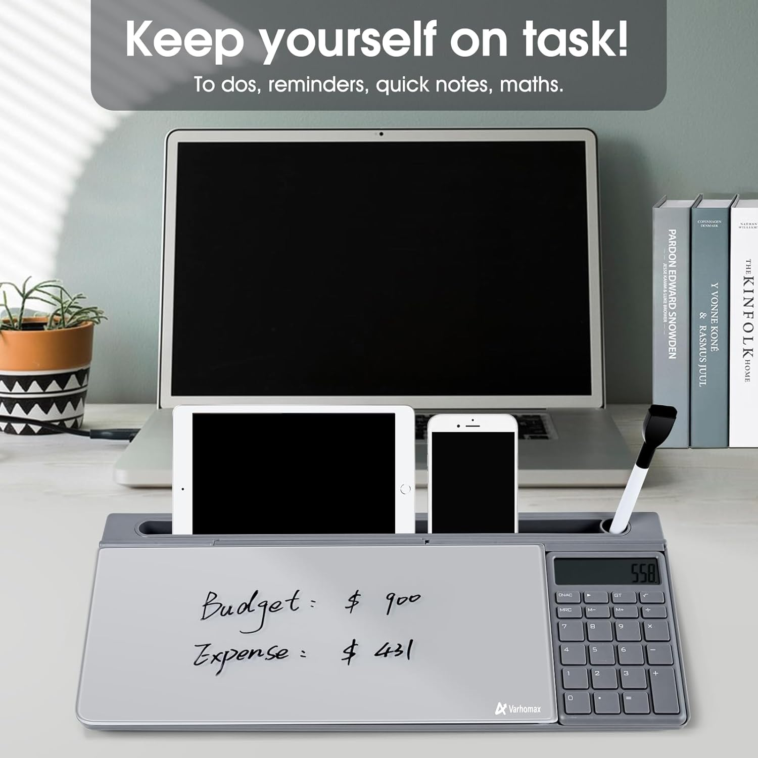 Varhomax Glass Desk Whiteboard Gray with Calculator, Desktop Organizer Dry Erase White Board with Storage, to Do List Memo Notepad for Home Office and School Supplies image number 3