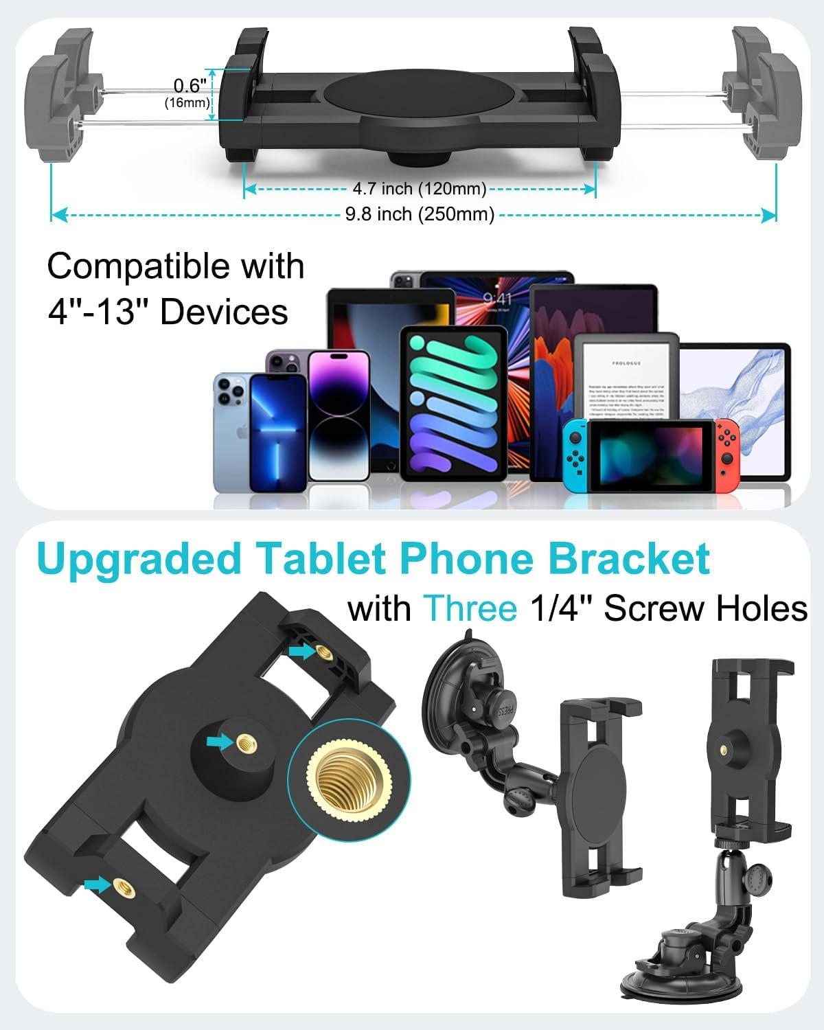 EXSHOW Windshield Car Tablet Mount, Window Dashboard Tablet Holder, 95Mm Powerful Suction Mount for Ipad Pro 12.9/ Air/Mini, Galaxy Tab, Iphone, More 4-13'' Phone & Tablets,1/4'' Screw Tip for Camera