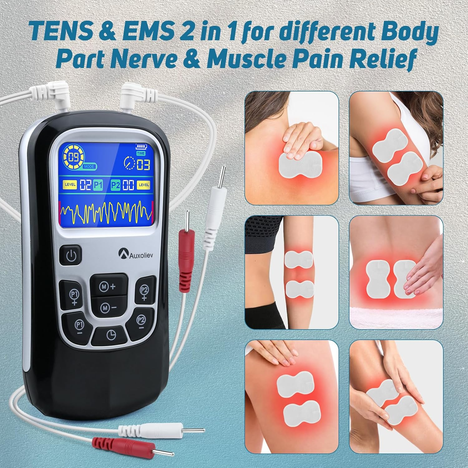Auxoliev Rechargeable TENS Machine,Ems Muscle Stimulator for Natural Pain Relief with 25 Modes,Tga Cleared Tens Unit with Replacement Pads (Black) image number 1