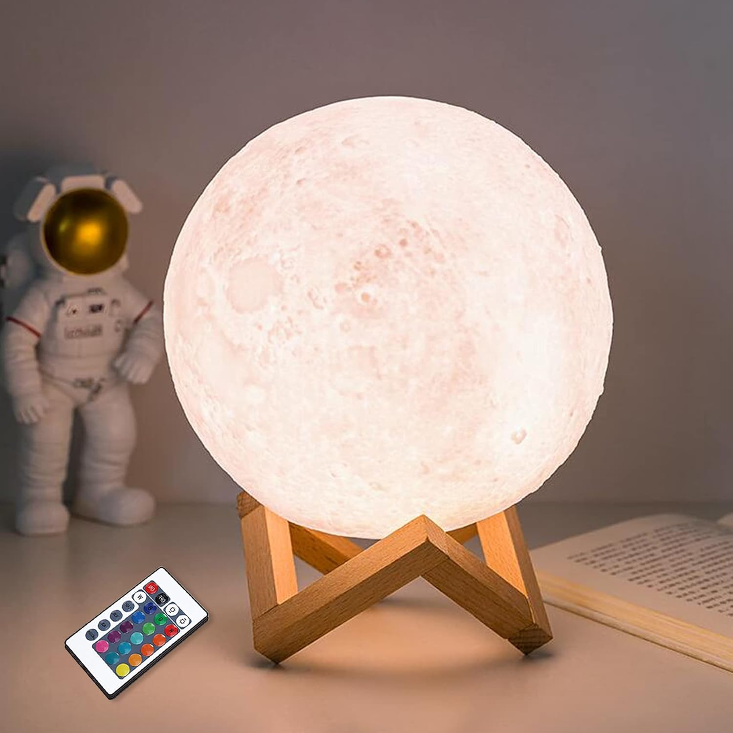 Moon Lamp, Coopark 3D Printing Night Light 16 Colors LED Lighting with 4 Modes USB Charging & Wooden Stand, Remote & Touch Control(15Cm/5.9Inch) Warm Theme Bedroom Decor Cool Creative for Boys Girls image number 2