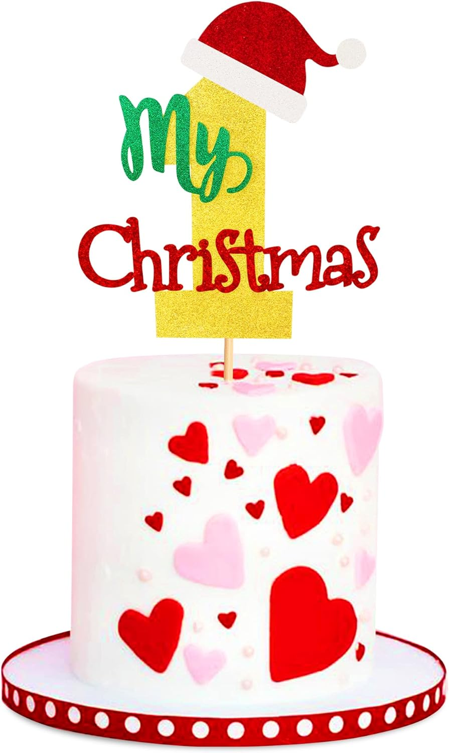 1Pcs My First Christmas Cake Topper Christmas Hat Merry Christmas 1St Birthday Cake Decorations for Baby Boy Girl 1St Birthday Theme Party Christmas Party Supplies image number 3