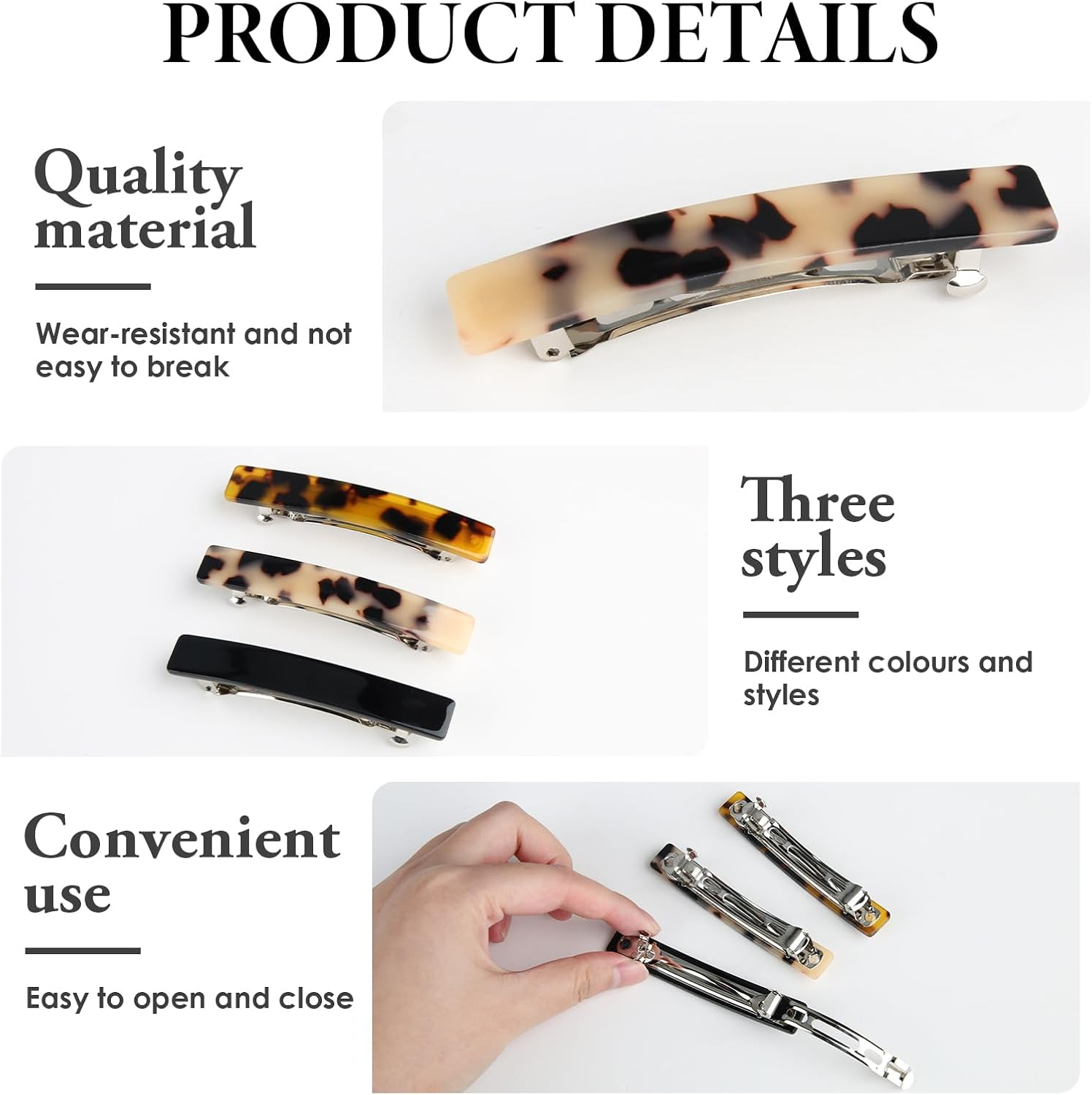 Joynine Pack of 3 Hair Clips, Women'S French Hair Clip, Rectangular Hair Clip, Automatic Small Hair Clips for Fine, Thin, Medium Thick Hair (Black/Dark Tortoiseshell/Light Tortoiseshell) image number 5