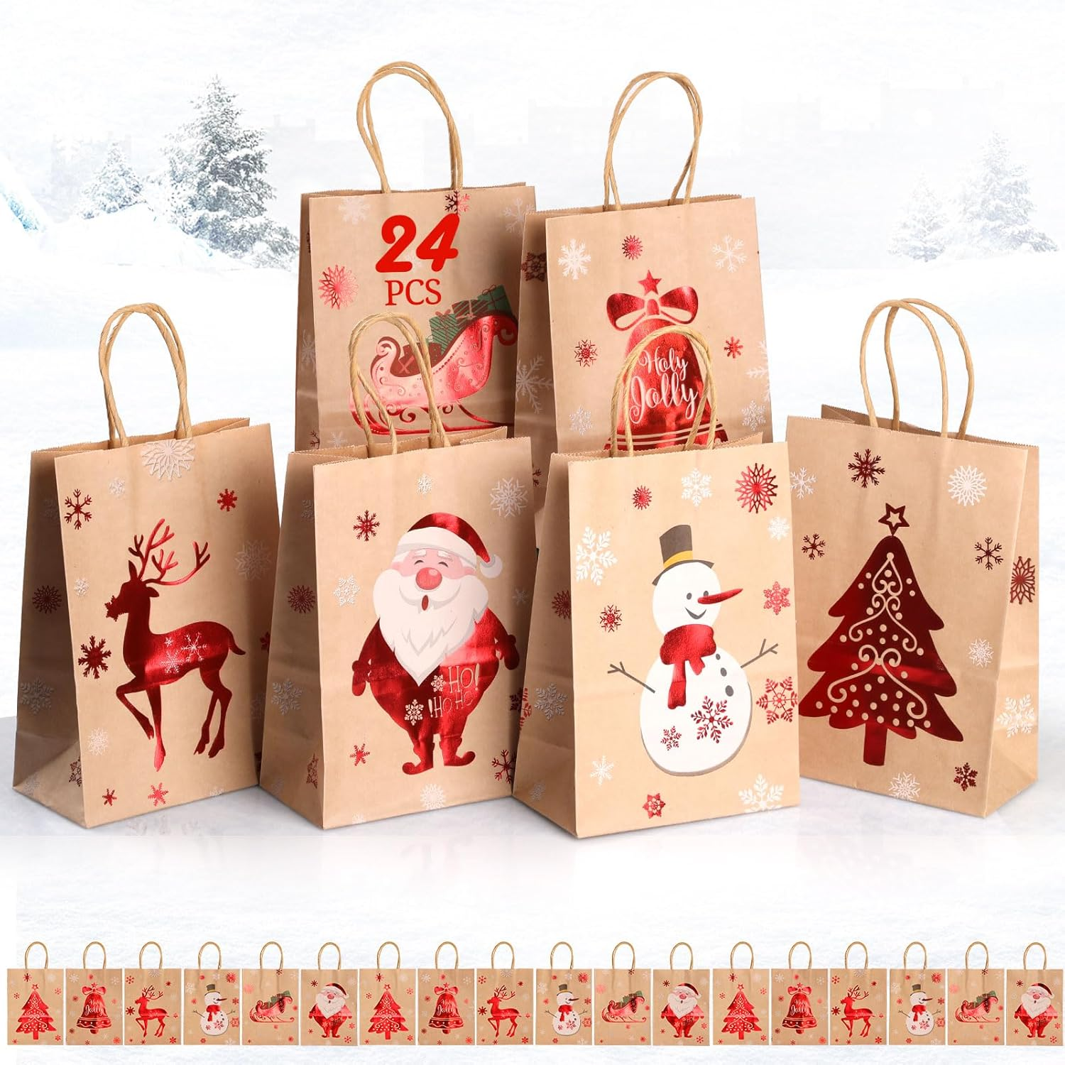 24 Pcs Christmas Kraft Gift Bags, Geeric Xmas Paper Bags Bulk with Handles Party Bags Christmas Candy Treat Bag Gift Bags for Xmas Gift Wrapping Christmas Party Santa Claus,Snowflake,Elk Print Pattern