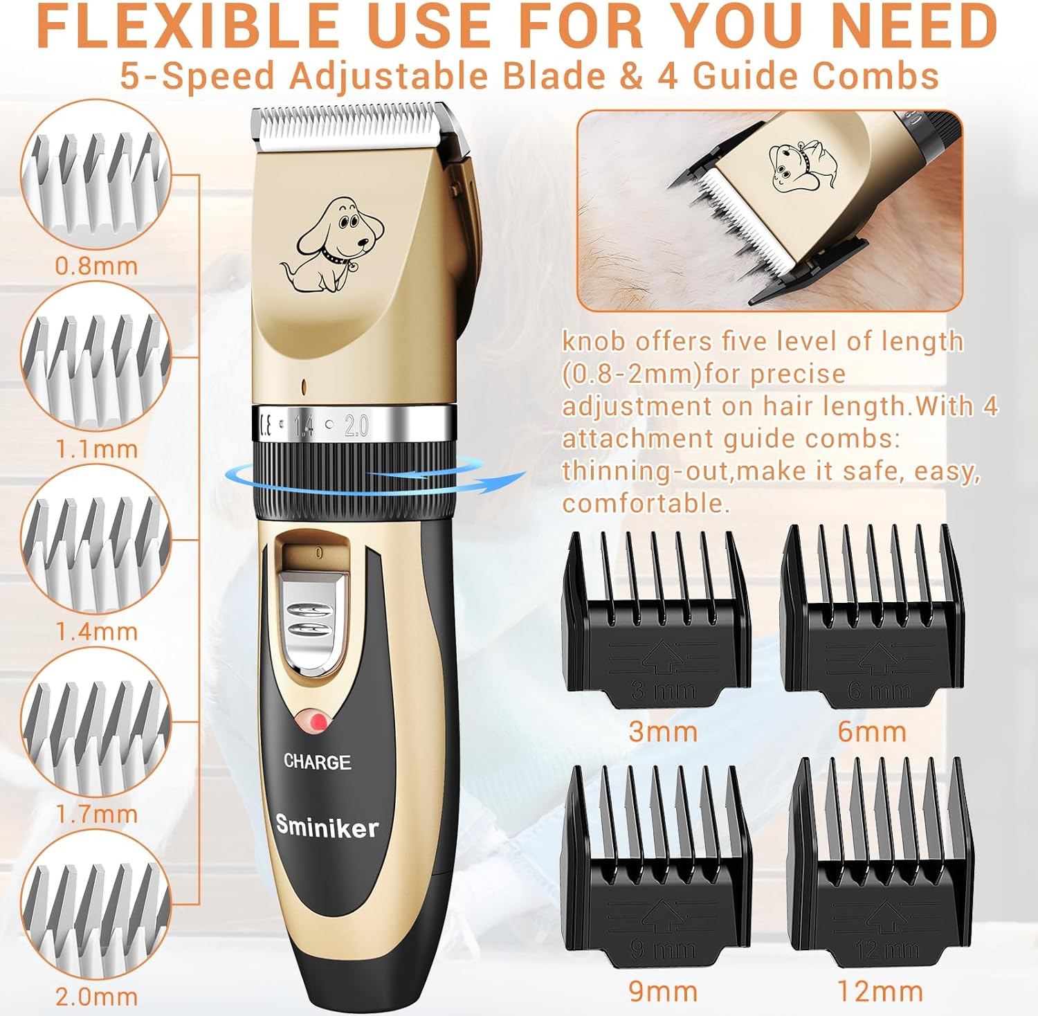 Sminiker Professional Rechargeable Cordless Dogs and Cats Grooming Clippers - Professional Pet Hair Clippers with Comb Guides for Dogs Cats and Other House Animalspet Grooming Kit image number 5