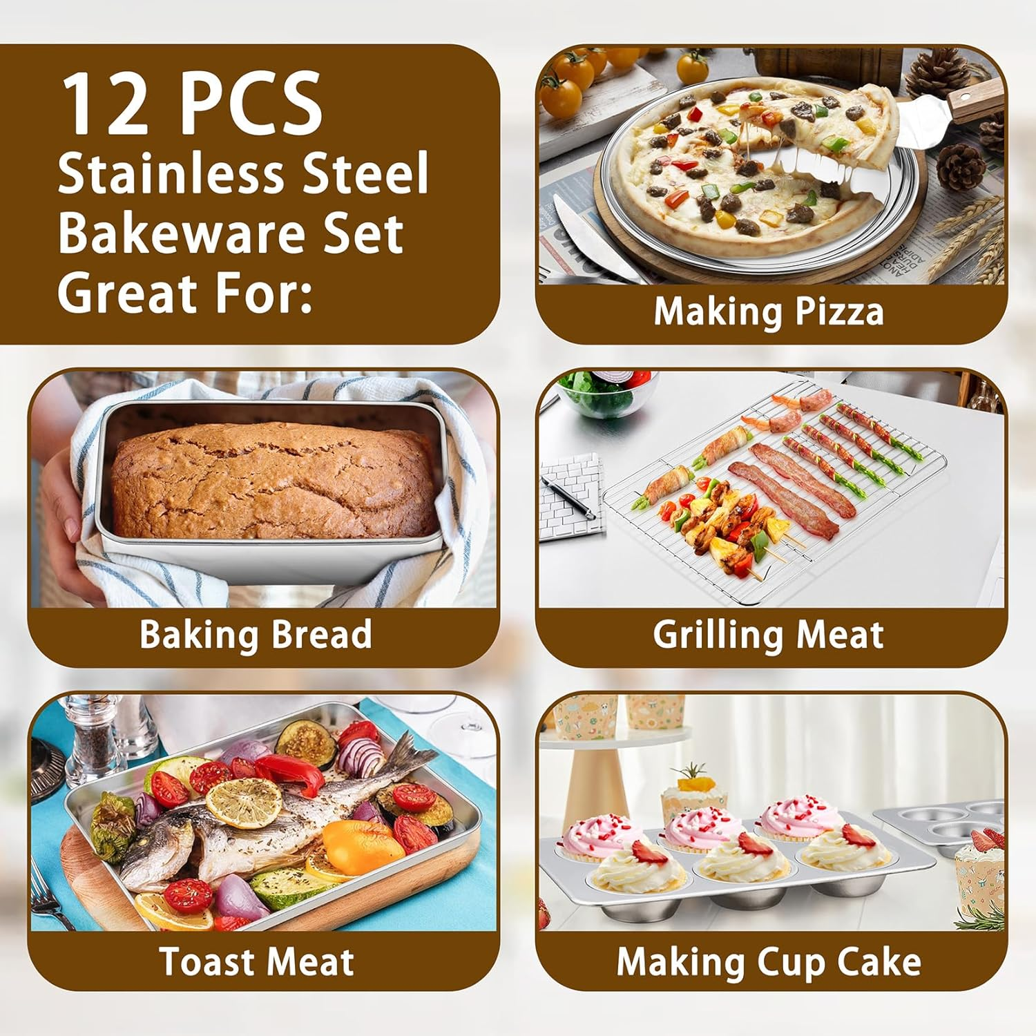 P&P Chef Stainless Steel Bakeware Set, 12-Piece Kitchen Baking Pans Set, Baking Sheet with Rack, Square Cake Pan with Lid, Lasagna Pan, Loaf Pan, Muffin Pan, Pizza Tray & 2 Covers, Easily Clean image number 2