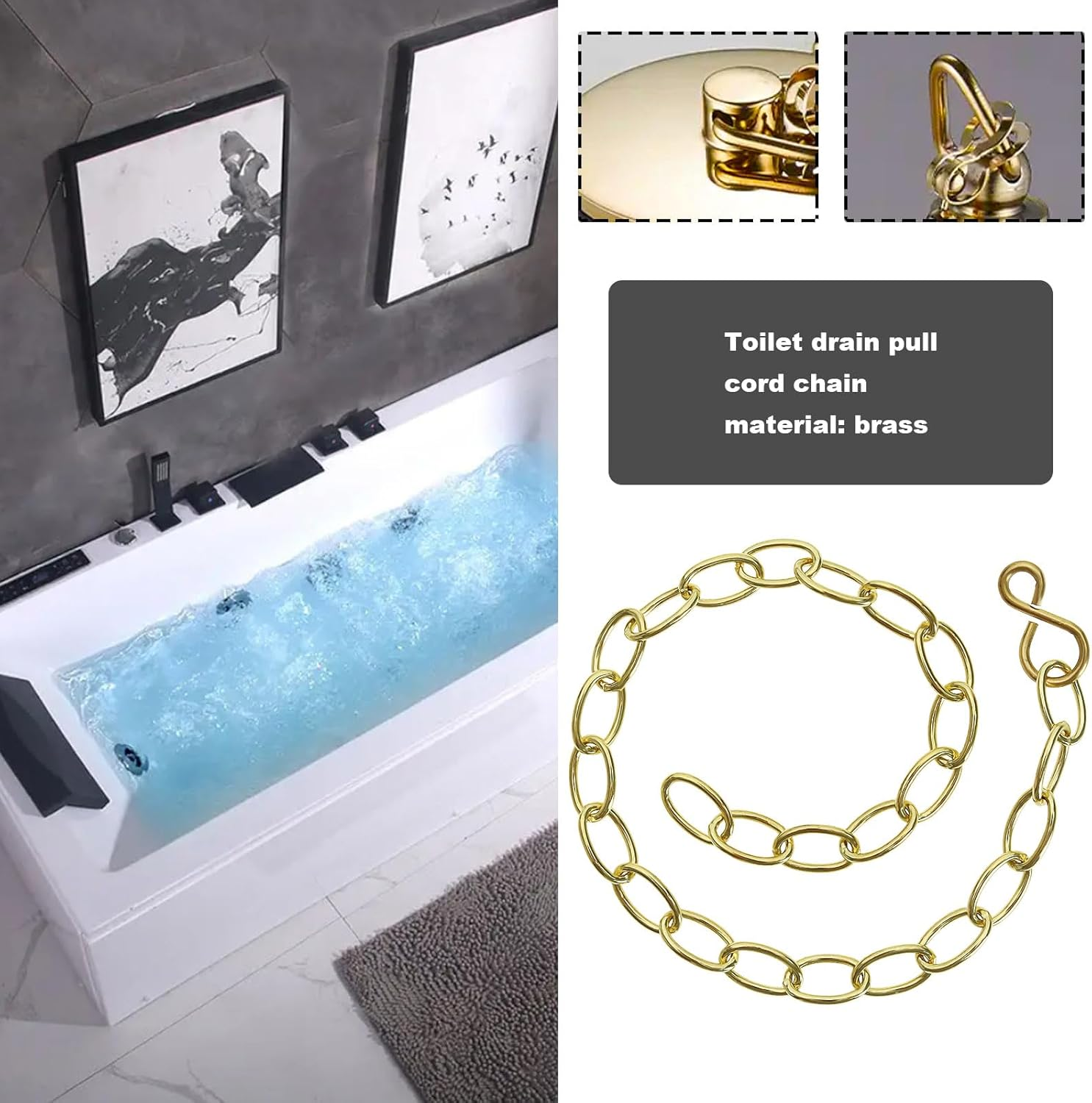 SG Store 2PCS Basin Chain with S-Shaped Hook Brass Bathtub Sink Stopper Chain 30Cm 11.8" Long Plug Chain for Bathtub Kitchen Sink Washbasin image number 3