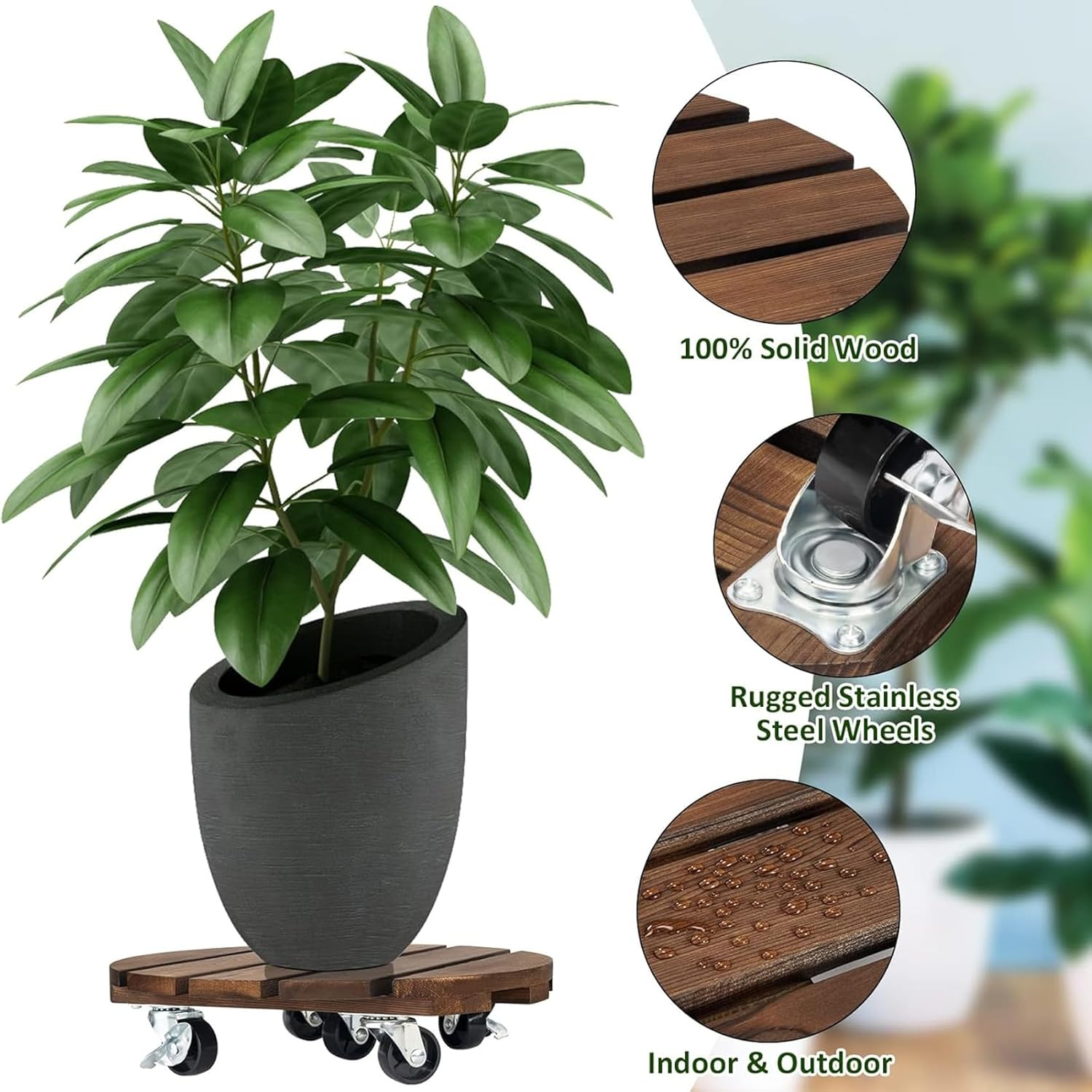 2Pack Plant Caddy, Wood Rolling Plant Stand with 360&deg; Lockable Caster Wheels, Pot round Caster for Indoor and Flower Succulent Pots Outdoor Use, 30*30*8Cm image number 2