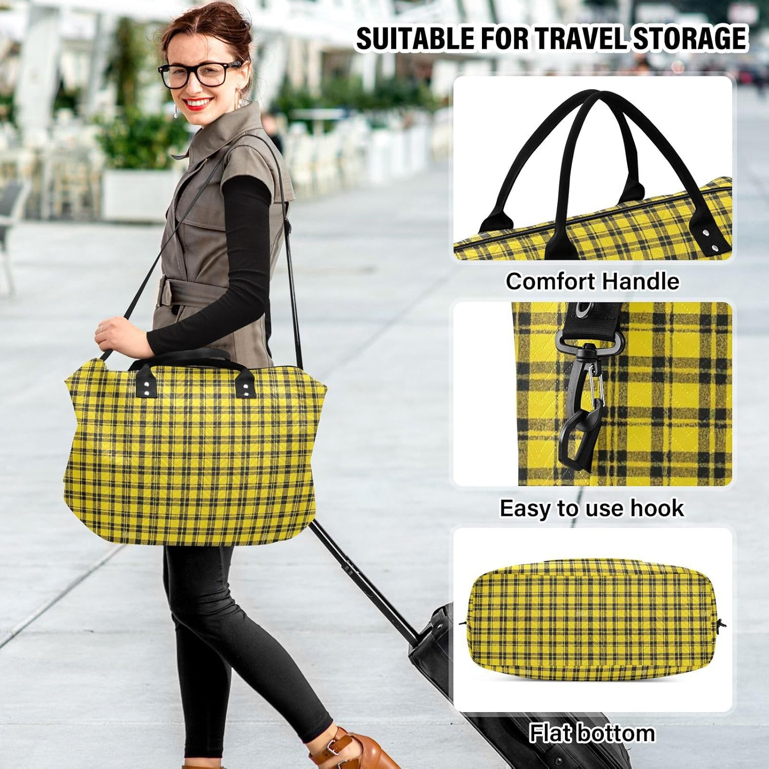 Large Bag Travel Weekender Gear Bag Gym Bag with Adjustable Strap for Airplane Traveling Large Capacity, Yellow Buffalo Plaid Checked image number 4