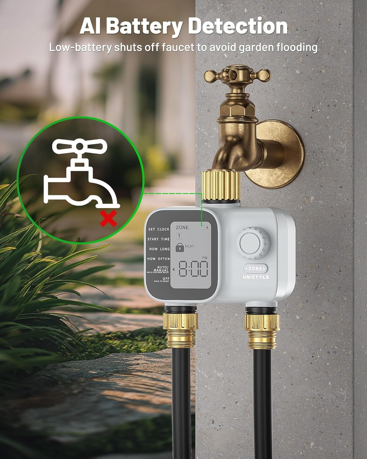 Water Timer 2 Zones, Sprinkler Timer Dual Outlet with Industrial Brass Inlet, Easy to Set Up, Automatic/ Manual/ Delay Mode for Watering Hose, Programmable Garden Tap Irrigation System image number 1
