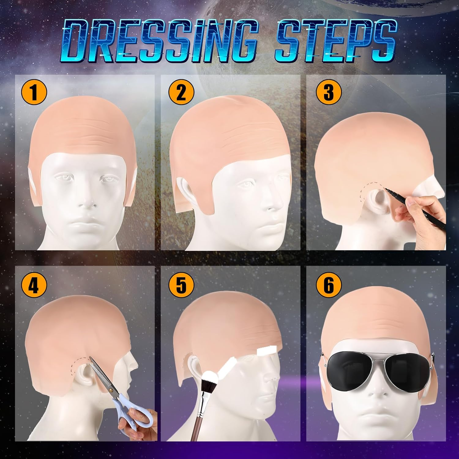 Mepase Bald Caps with Glasses for Adult Men Nylon Bald Head Wig Cap Can Be Cut for Halloween Music Festivals Concerts Cosplay image number 4