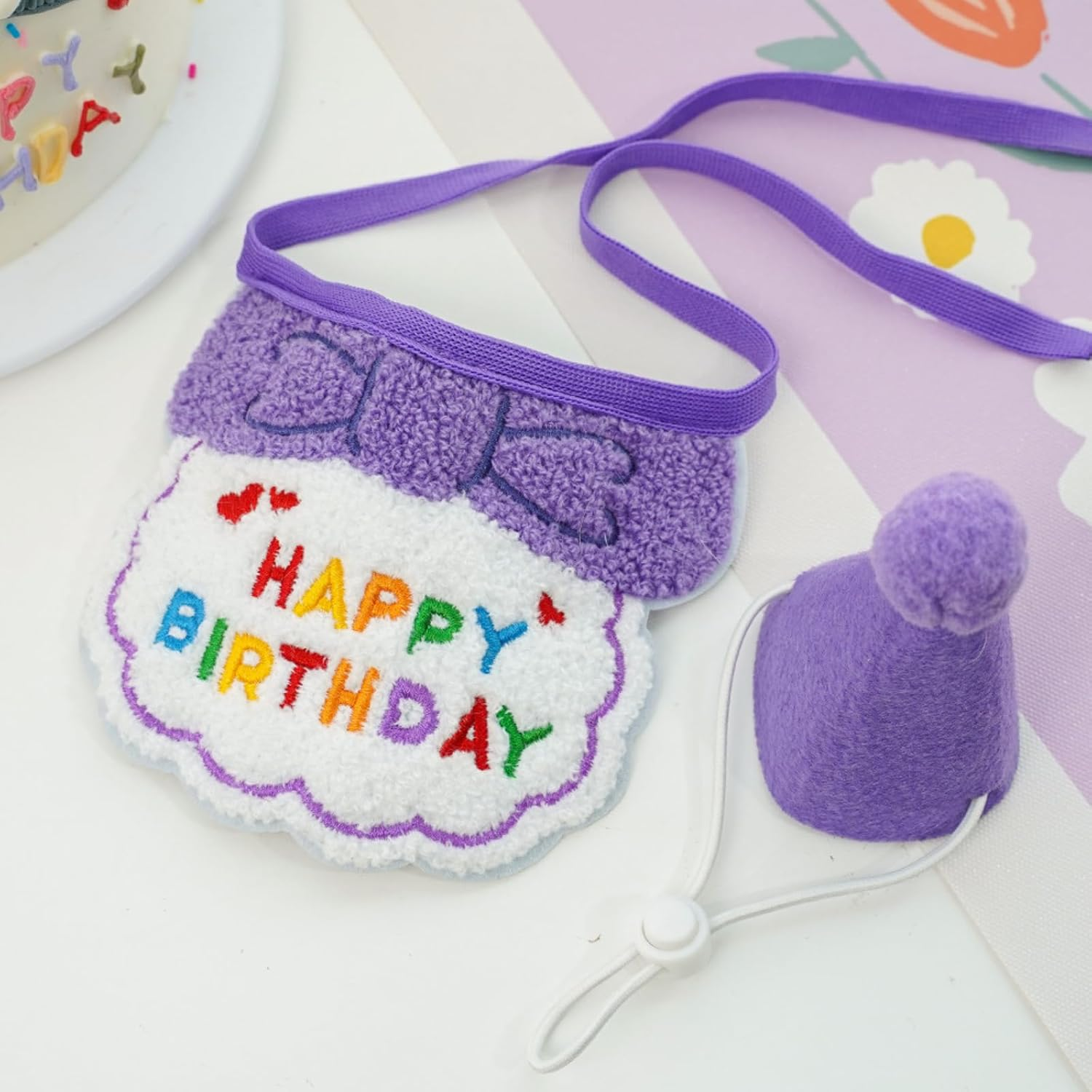 Cat Birthday Bandana and Hat Set, Adorable Pet Party Outfit, Adjustable and Comfortable, Happy Birthday Design, for Cats and Small Dogs (Purple) image number 4
