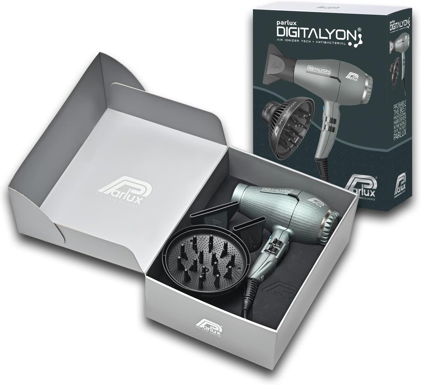 Parlux Digitalyon Magicsense Diffuser, Professional Digital Hair Dryer with Negative Ions, Very Light and Powerful. Made in Italy (Grey Glitter) image number 3