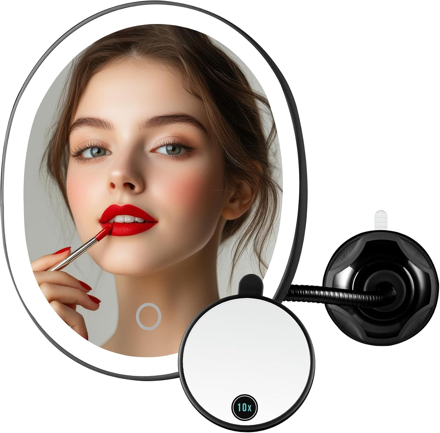 OVENTE 9'' Rechargeable Lighted Wall Mount Makeup Mirror for Bathroom with Mini Magnetic 10X Magnifying Mirror, Touch Screen Dimmable LED Lights, Flexible Gooseneck and Suction Mounting, Black MOW22B image number 1