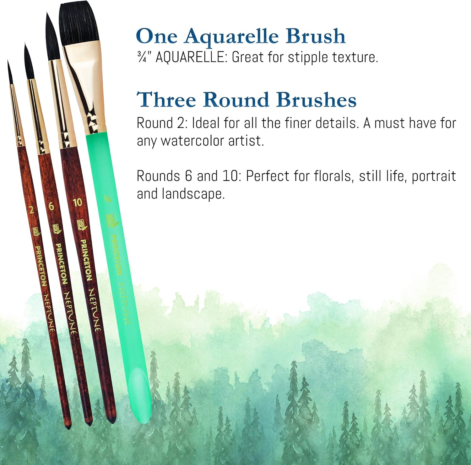Princeton Neptune Professional Watercolour Brushes 4750 Series - 4Pc Soft Synthetic Squirrel Brush Set for Watercolour Painting - Aquarelle 1.9Cm - round 2 - round 6 - round 10 image number 4