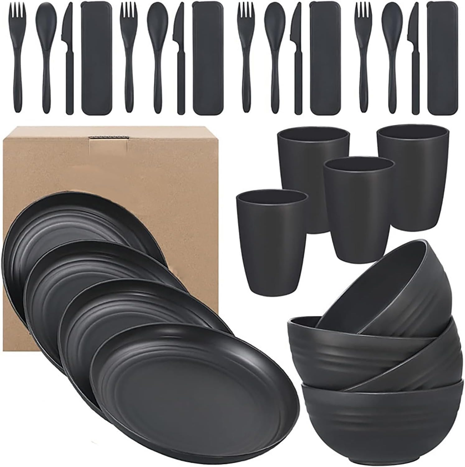 28 Pieces Bowl Set Tablewares, Wheat Straw Plates,Lightweight Degradable Dinner Plates Set,Bowls, Cups, Tablewares Set, Dishwasher Safe Dinnerware Set, Unbreakable Salad Plates