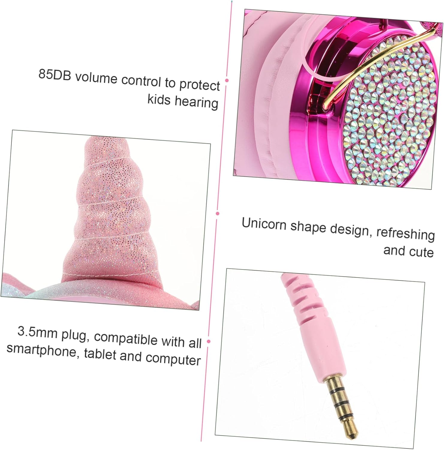 SHINEOFI over Ear Headphones with Mic Adjustable Headband Volume Limit Safe Stereo Headset for Boys Compatible with Laptop Phone Tablet Rose Gold Unicorn Design image number 3