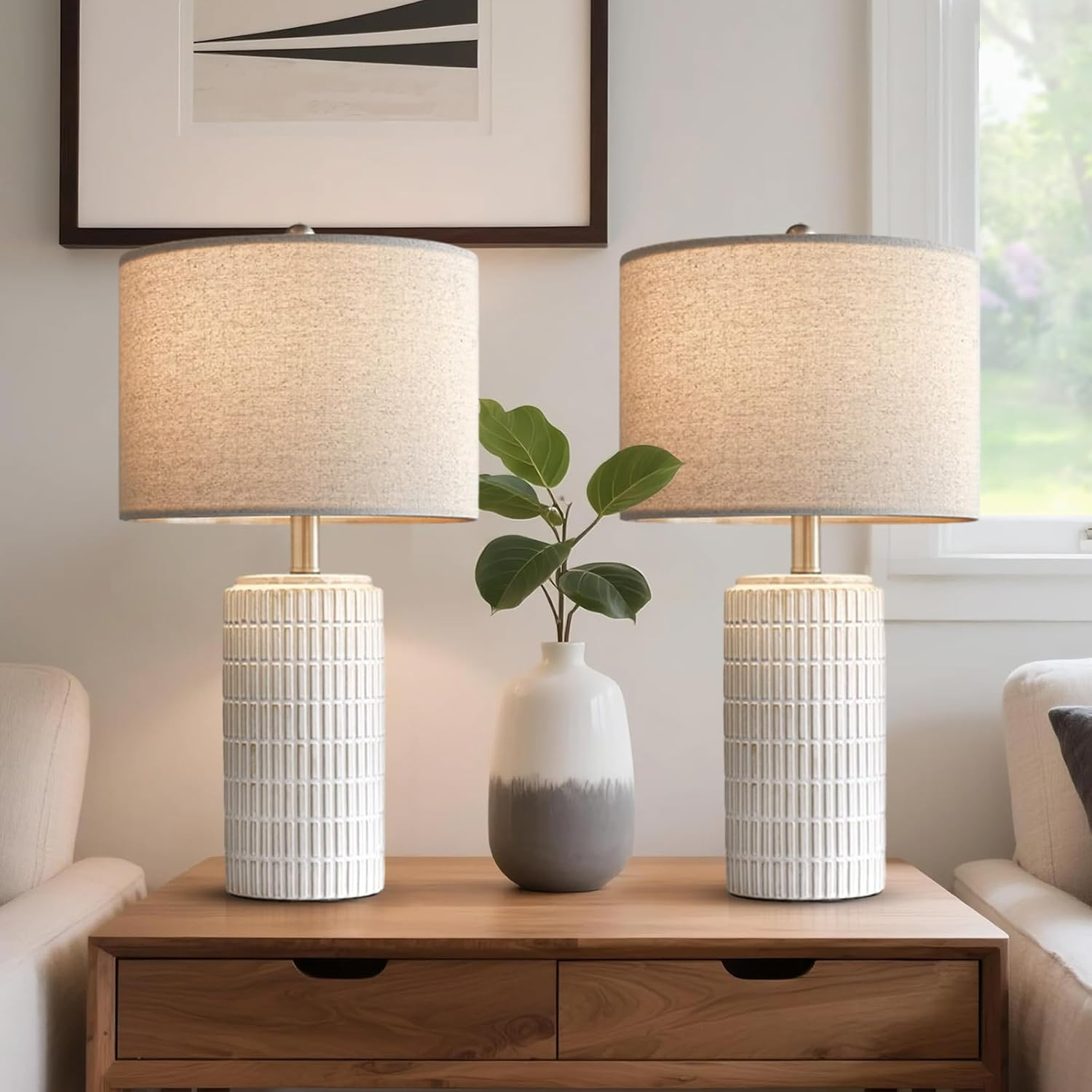 Clora Tall Bedside Lamp, Set of 2 Table Lamp, 3 Color Temperatures, Farmhouse Nightstand Light with Beige Lampshade for Living Room Bedroom Office Home Decor (Beige and White - 56Cm Ceramic Lamp) image number 5