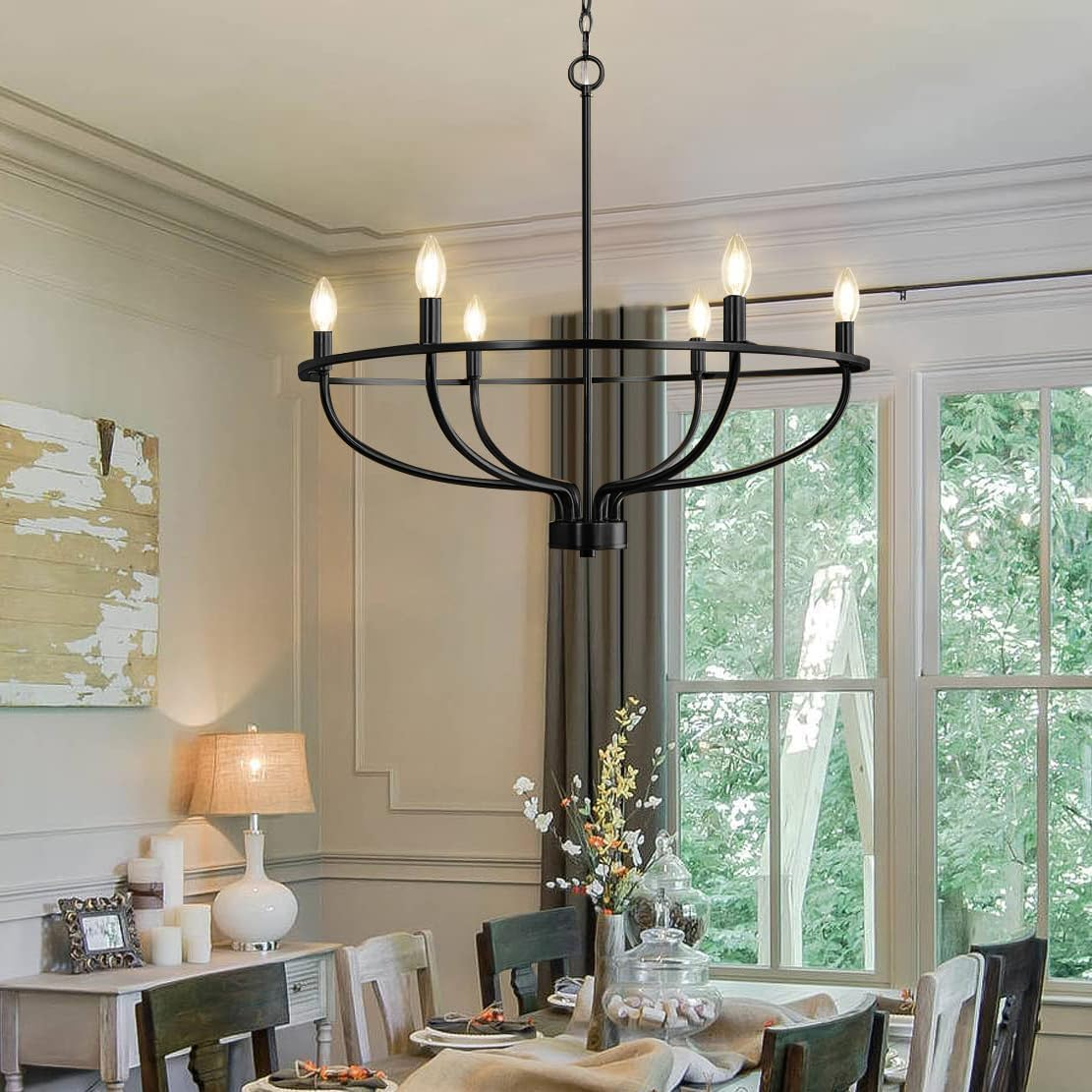 USOR 6-Light Black Chandelier Vintage Candle Farmhouse Iron Pendant Ceiling Light Fixture Wagon Wheel Chandelier over Table for Dining Room Living Room Kitchen D72.5Cmxh65Cm E14 Bulbs Included image number 4