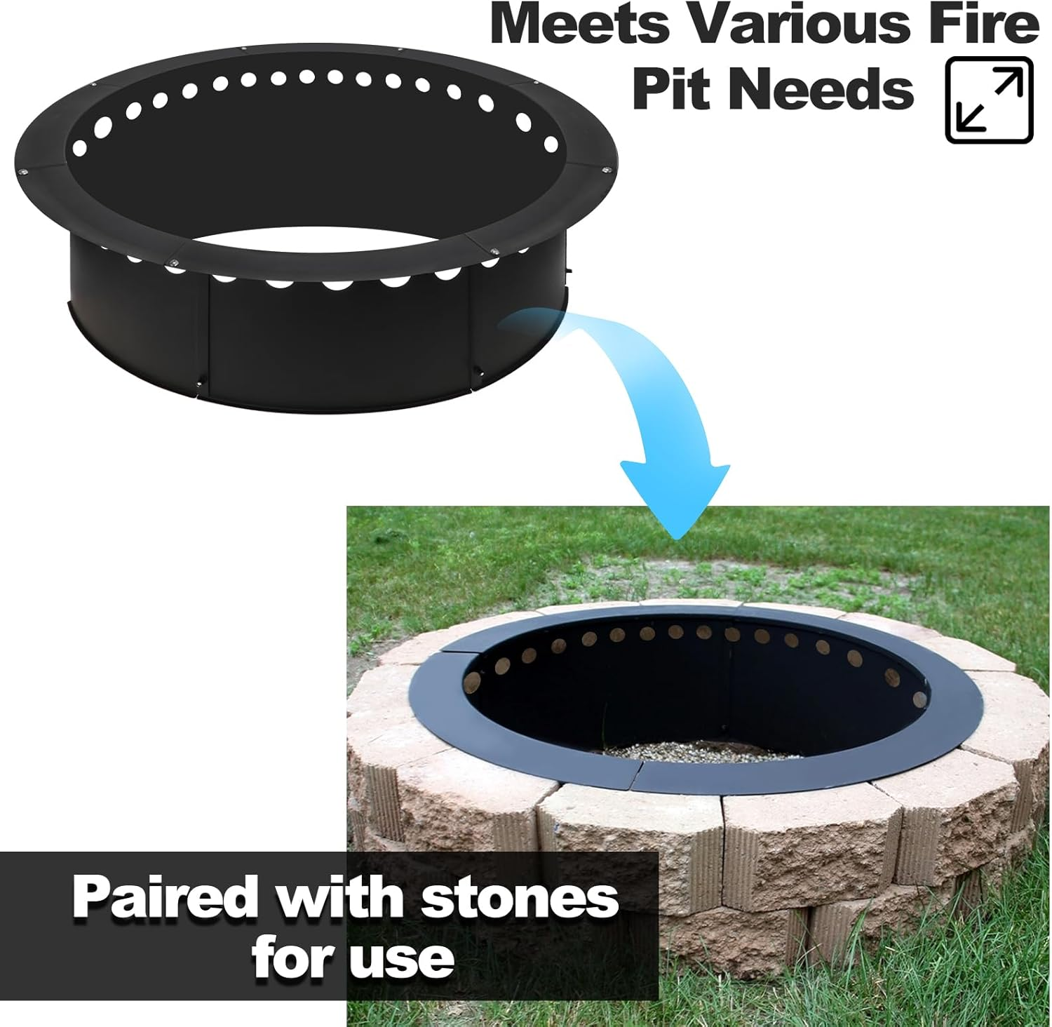 Outdoor Smokeless Large Fire Pit Ring 43 Inch Outer/39 Inch Inner Diameter, Heavy Duty Metal round Liner Insert for outside DIY Campfire or Bonfire Ring, above or in Ground Use image number 4