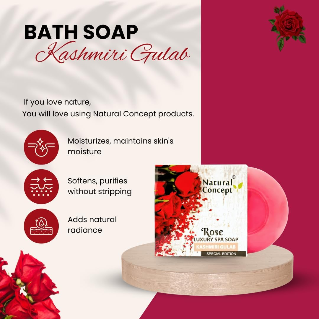 Natural Concept Rose Soap for Men & Women 100G Pack of 4 (Contains Pure Coconut Oil, Vegan, Skin-Friendly with 5.5 Ph, for Face, Body and Hair, Gentle and Moisturizing)