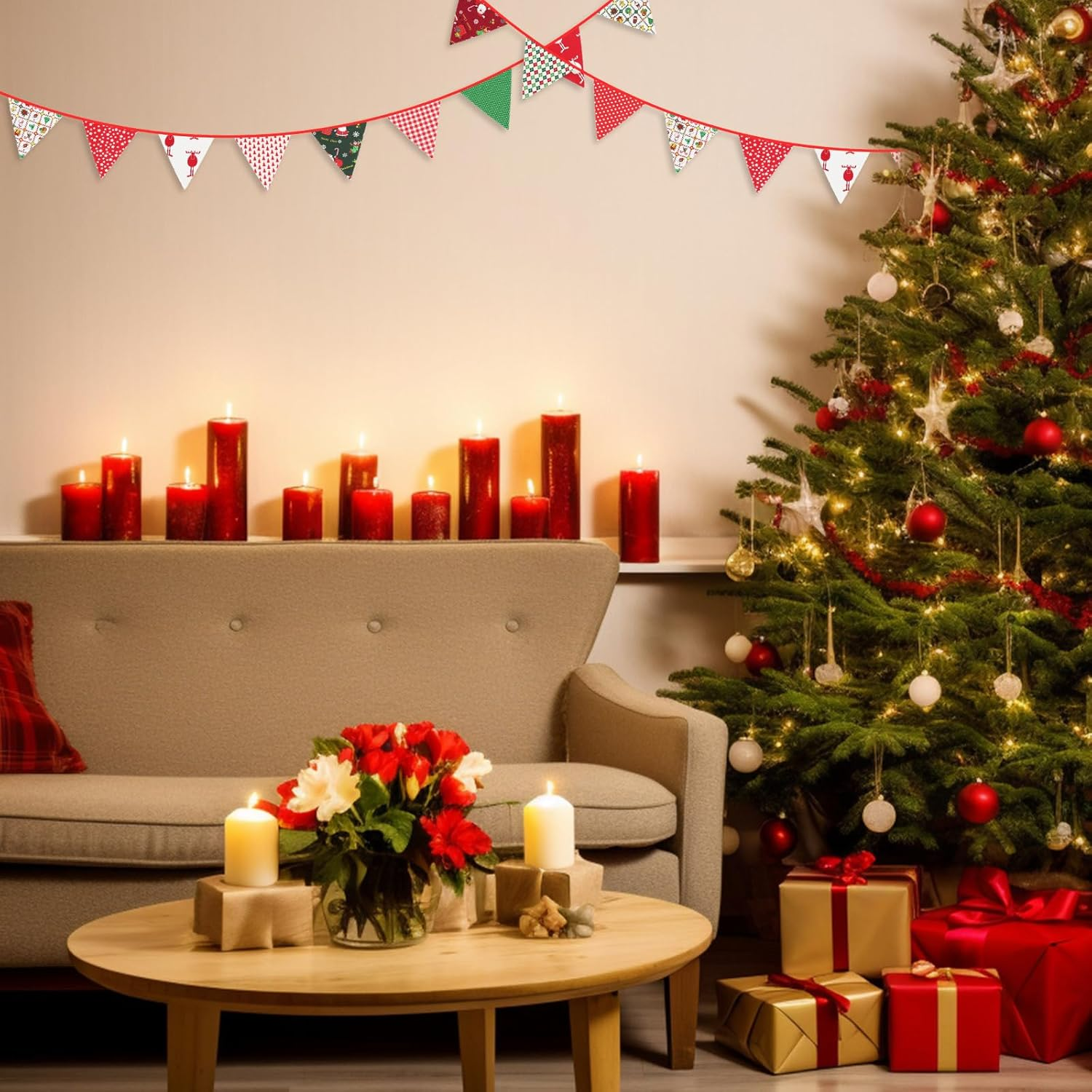 GCQQ 40 Ft Christmas Fabric Banner, 42Pcs Large Pennant Banner Flags, 14 Different Floral Banner Garland, Vintage Christmas Bunting, Fabric Pennant Banner for Party, Home, Outdoor image number 3