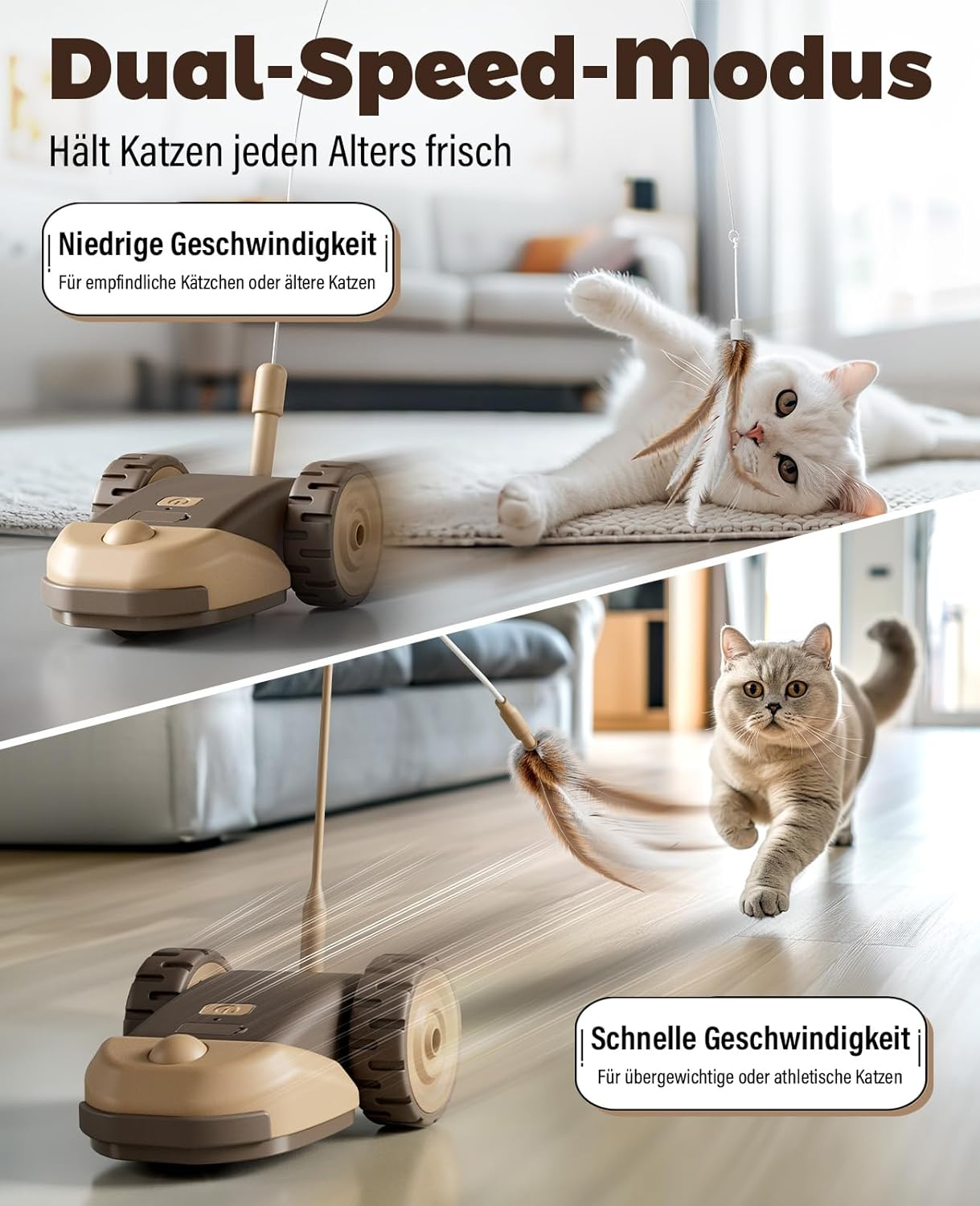 Casfuy 3-In-1 Interactive Cat Toy - 2-Speed Cat Toy Electric Self-Employment with 2 Pieces Hanging Feather Cord Band and Wiggly Silicone Mice Tail for Indoor Cats image number 4