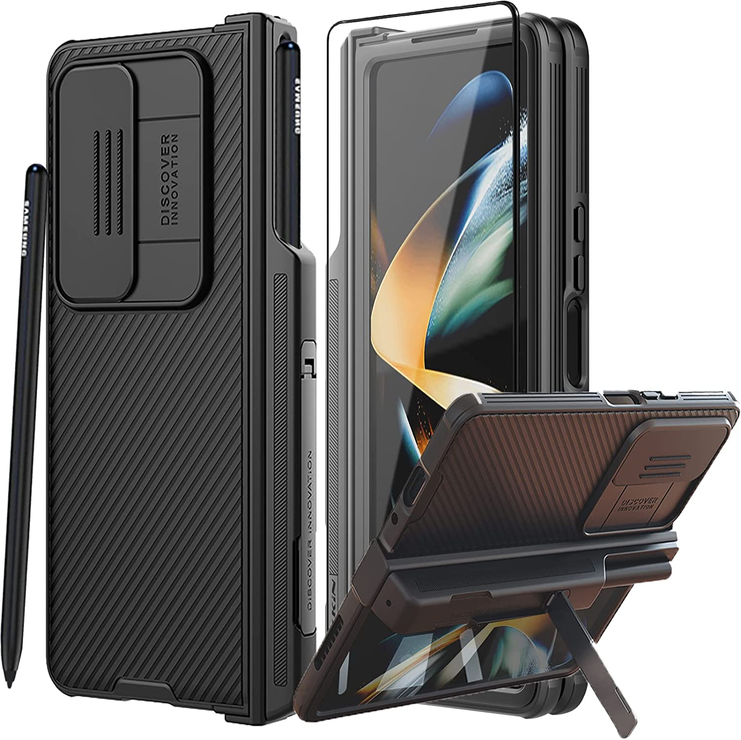 For Samsung Z Fold 4 Magsafe Case【With S Pen Fold Edition】&Card Holder,Hinges Protect the Built-In Pen Holder,With Screen Protector and Stand, Clear Black Edge Case for Galaxy Z Fold 4
