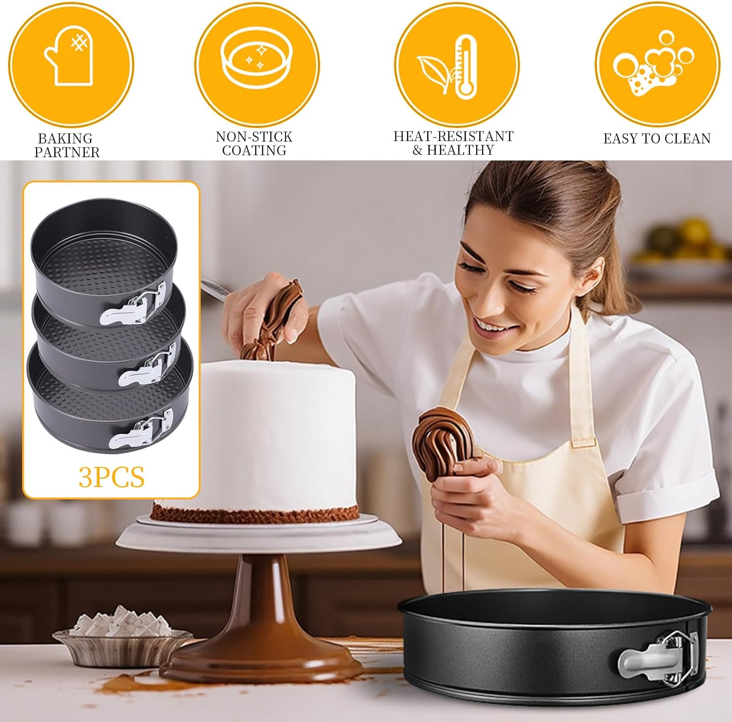 3Pcs 7/8/9 Inch Springform Cake Pan Set with Removable Base Bottom round Nonstick Cake Baking Tin Set Leakproof Cheesecake Baking Pan Bakeware Cakes Shaped Baking Pan Set Tier Wedding Cakes Pans image number 6