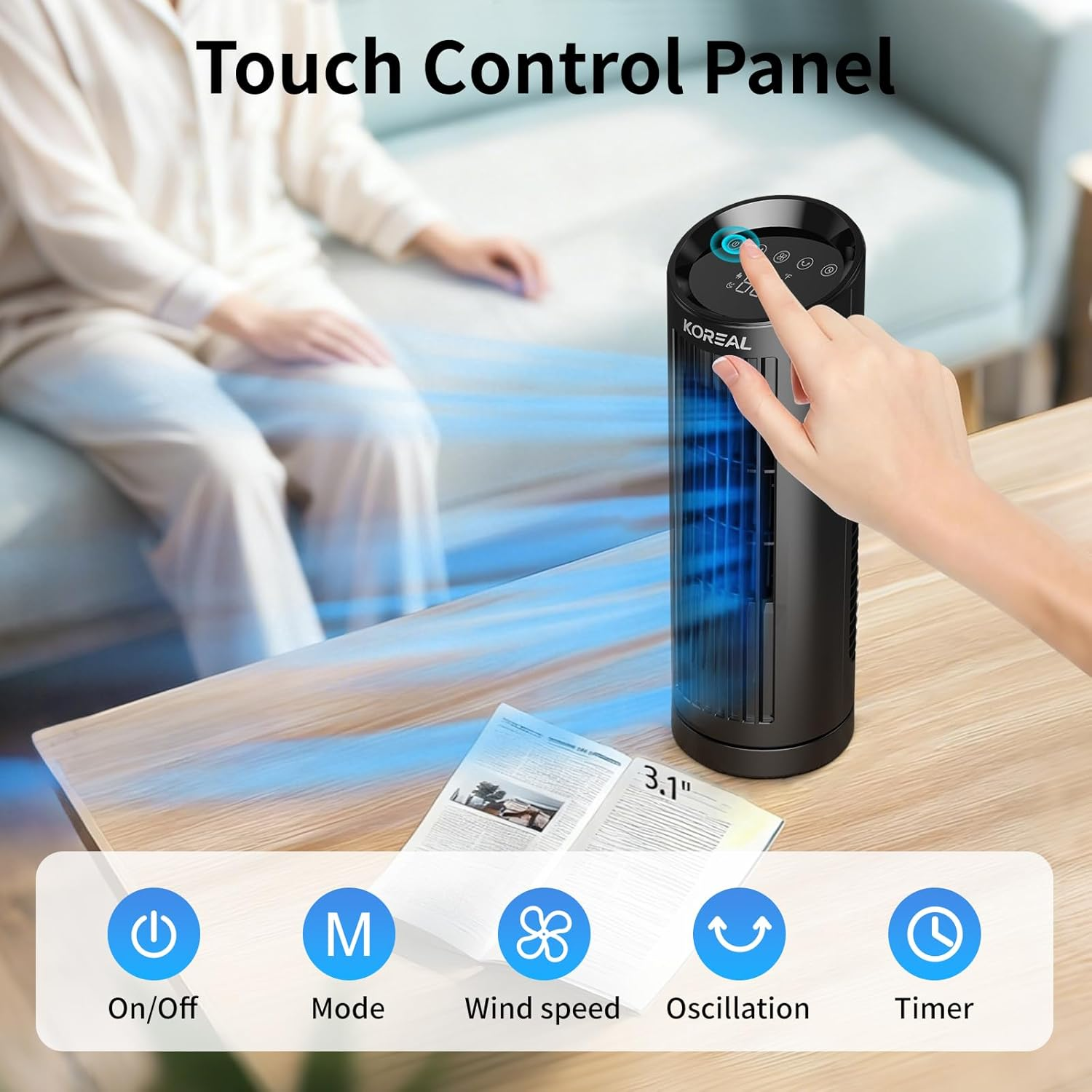 Koreal Desk Fan, 33Cm Quiet Cooling Tower Fan for Bedroom, 4 Speed, 3 Mode, 12H Timer, Digital Touch Screen, Safe Bladeless Table Fan for Home Desktop Office image number 3