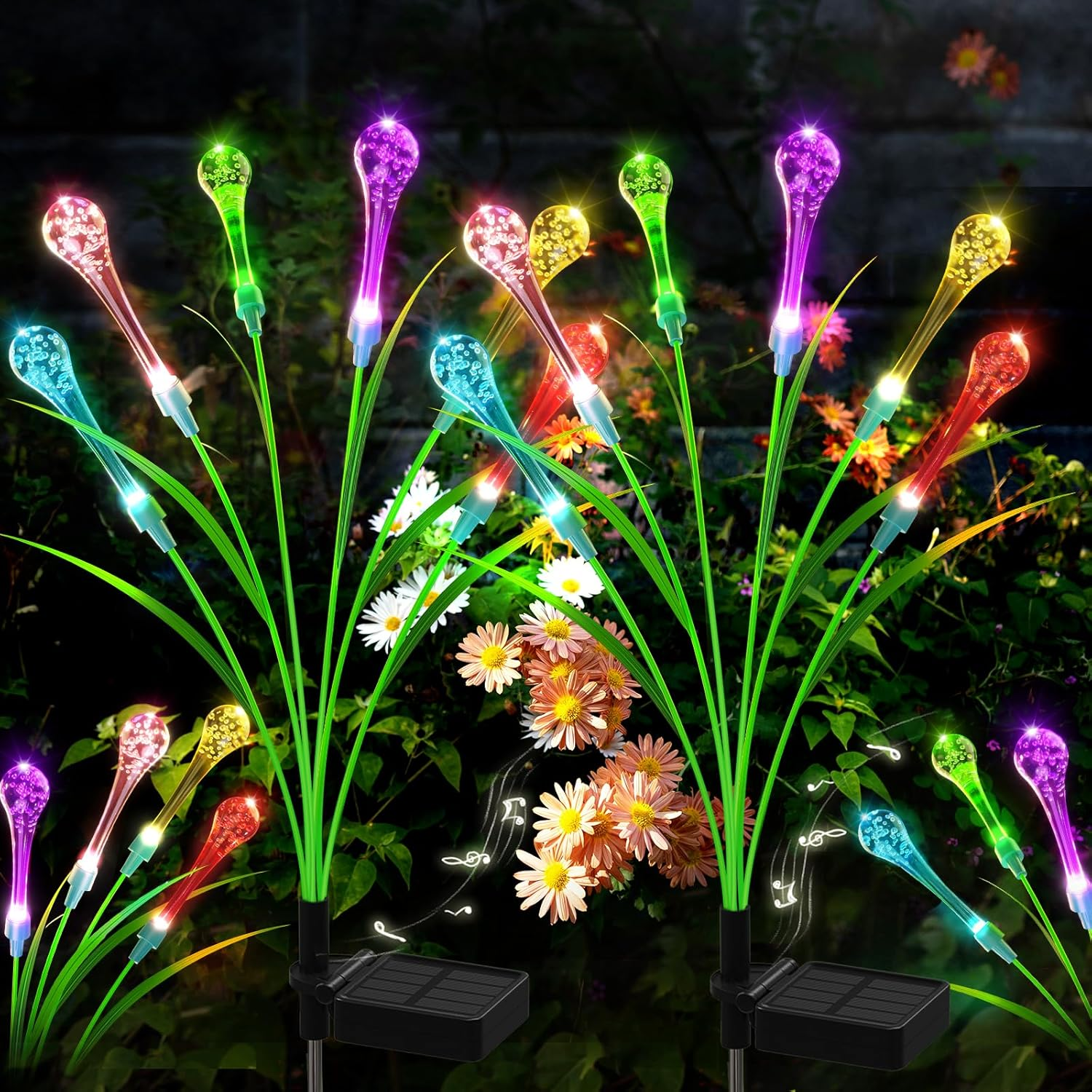 Bluefire 2 Pack Solar Garden Lights, Crystal Acrylic Water Drop Lights with 12 Bulbs, Waterproof Solar Lights Outdoor Patio Lights for Garden Lawn Patio Yard Wedding Party Decor(Multicolor) image number 1