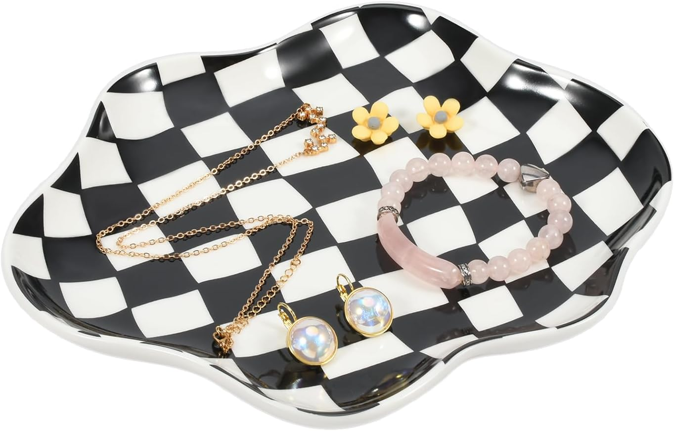 Koythin Jewelry Tray, Ceramic Jewelry Dish Trinket Tray Organizer, Checkered Pattern Aesthetic Decorative for Kitchen, Bathroom, Birthday Gift (Black and White Checkerboard)