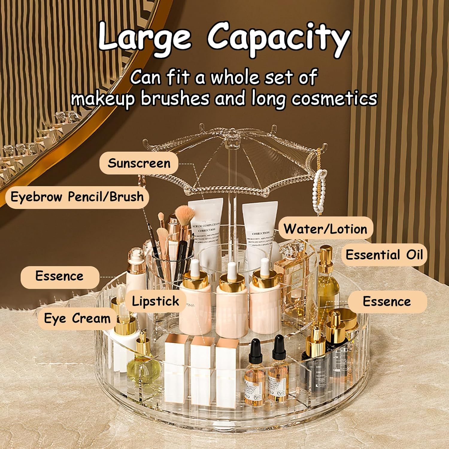 Taoluwin 360&deg; Rotating Makeup Organiser, 10-Compartment Makeup Storage Drawer Case with Detachable Base, Transparent Cosmetic Storage Case & Brush Holder for Bathroom Vanity image number 2