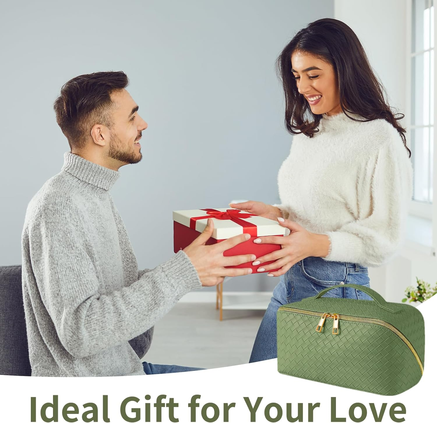 Makeup Bag, Leather Waterproof Women'S Portable Travel Makeup Bag, Large Capacity Travel Cosmetic Bag，With Handle and Divider Flat Lay Makeup Organizer Bag,Military Green image number 4