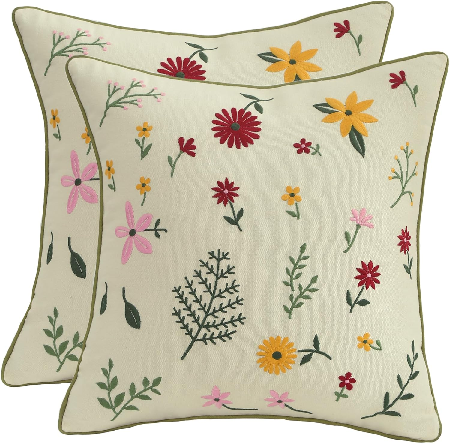 Tosleo Decorative Pillowcases 18 X 18 Inch Pack of 2 Embroidered Throw Pillow Covers Farmhouse Pillow Cushion Cases Home Decor Square Floral Pillow Case (All-Season Flower)
