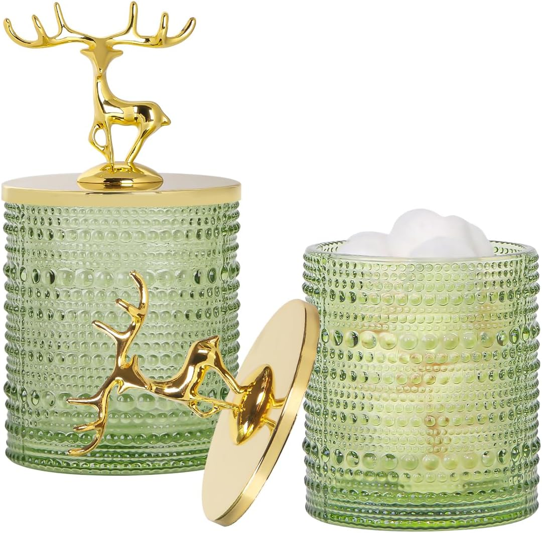 Tonxus Glass Apothecary Jars with Lid, Green Qtip Holder for Bathroom Decor, Bathroom Canisters Storage Organizer for Cotton Swabs, Balls, Pads, Floss Picks, Candy, Jewelry